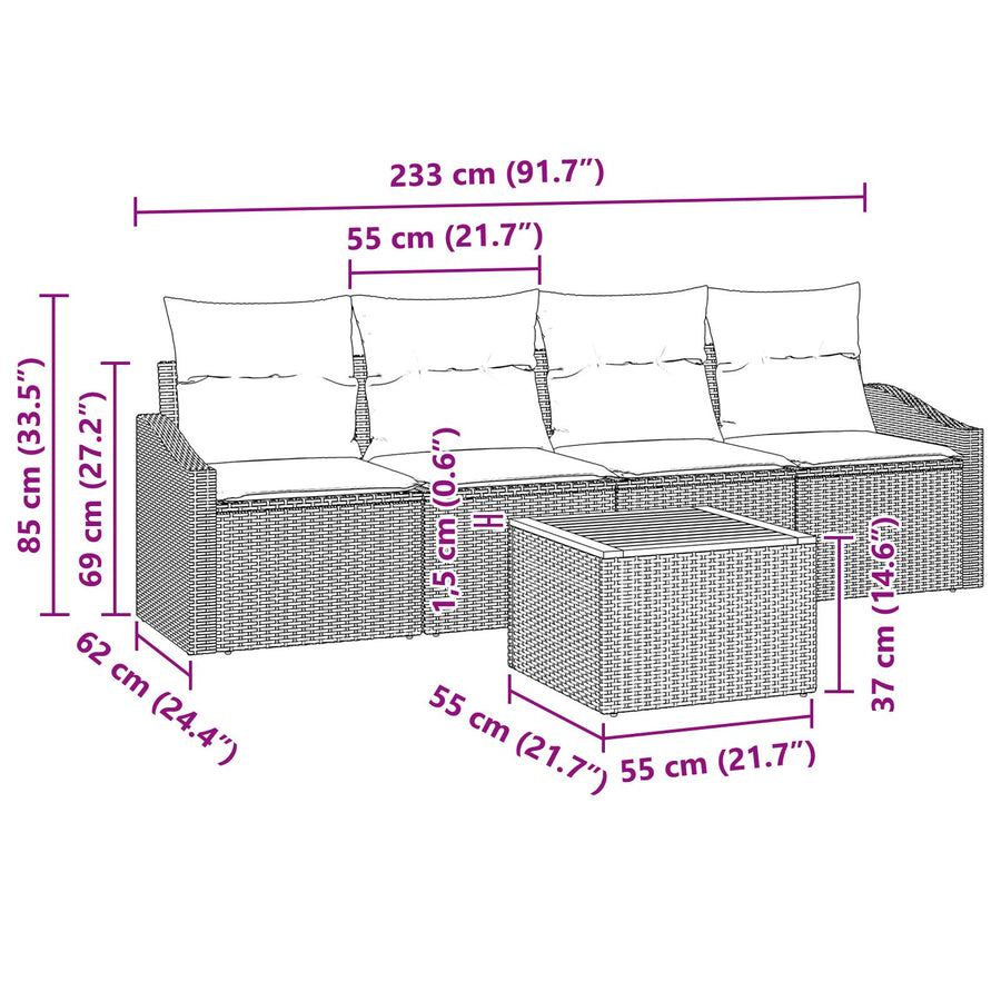 5-Delige Tuin Sofa Set Met Kussens Zwart Poly Rattan Acacia