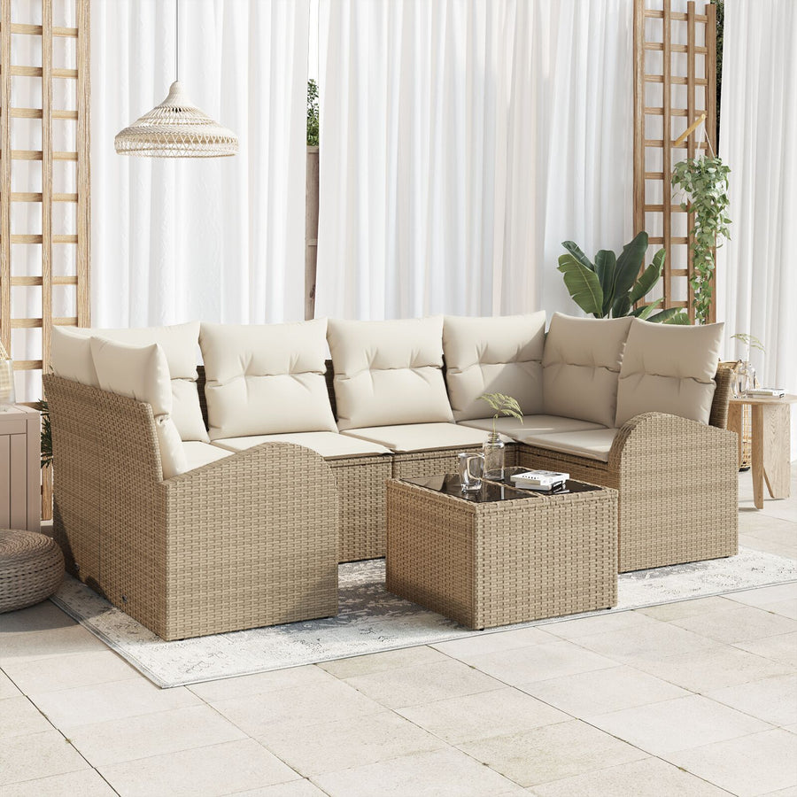 7-Delige Tuinset Met Kussens Beige Poly Rattan