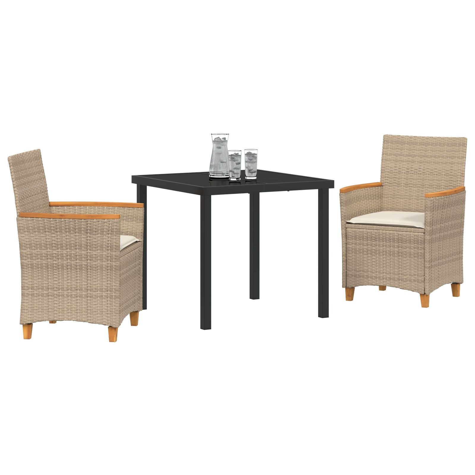 3-Delige Tuin Eetset Met Kussens Beige Poly Riet