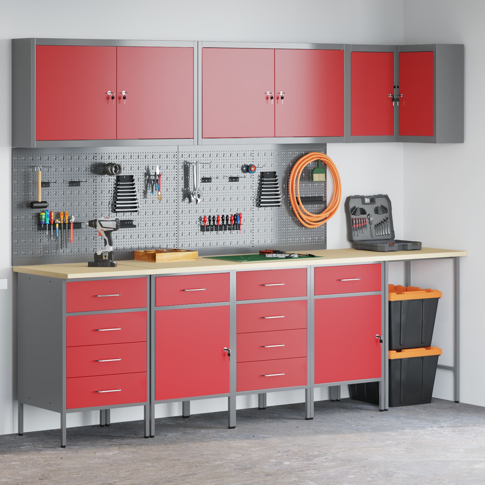 12-Delige Werkcabinet En Pegboard Set In Het Van Mdf En Metaal 4x (2x84/2x85 cm) Rood Tafel + 7x kast + 4x pegboard
