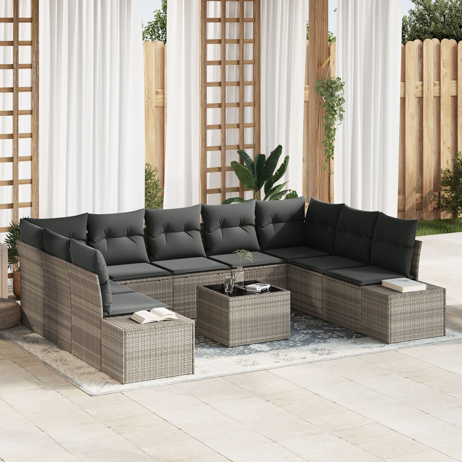 10-Delige Tuin Sofa Set Met Kussens Grijs Poly Rattan