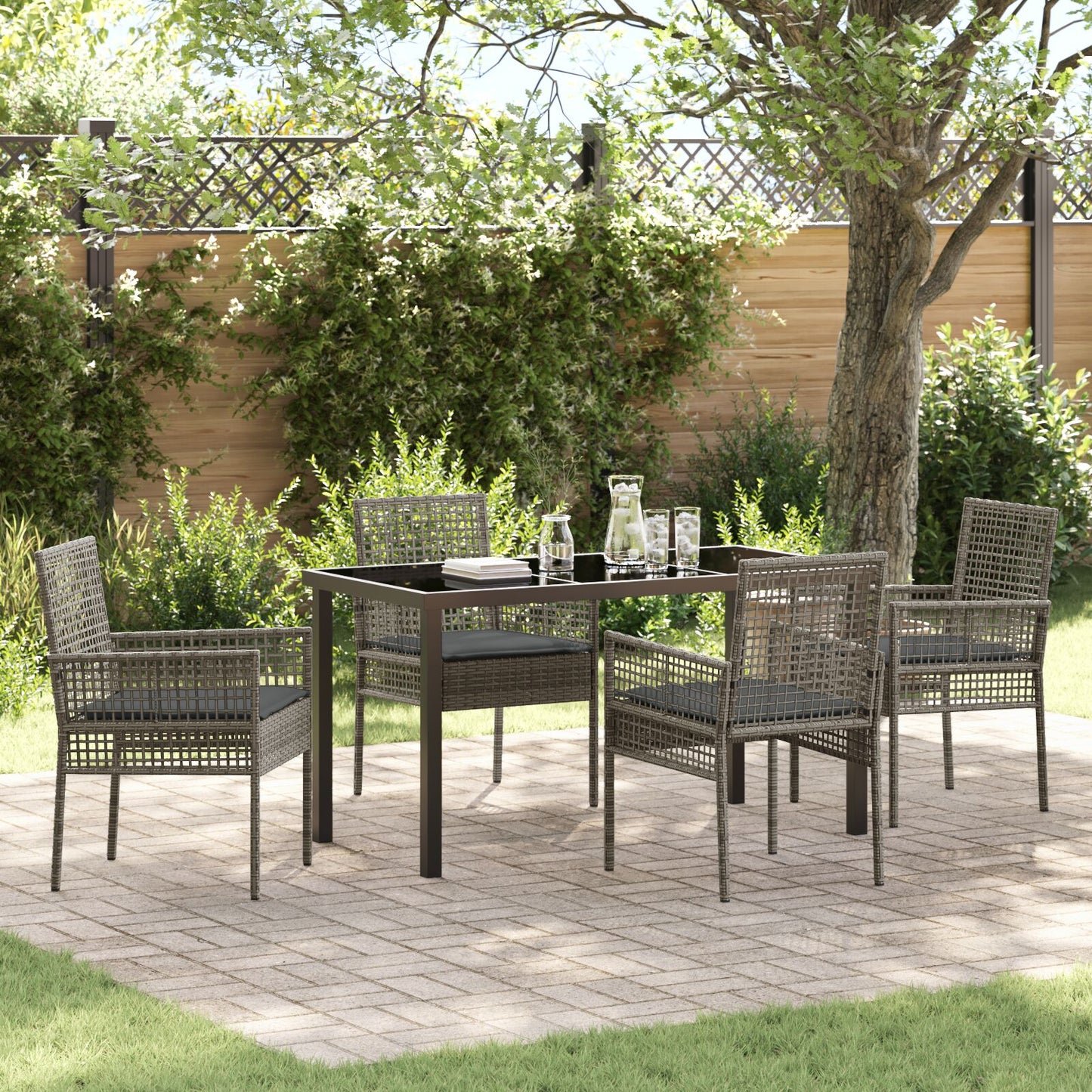 5-Delige Tuin Eet Set Met Kussens Grijs Poly Rattan