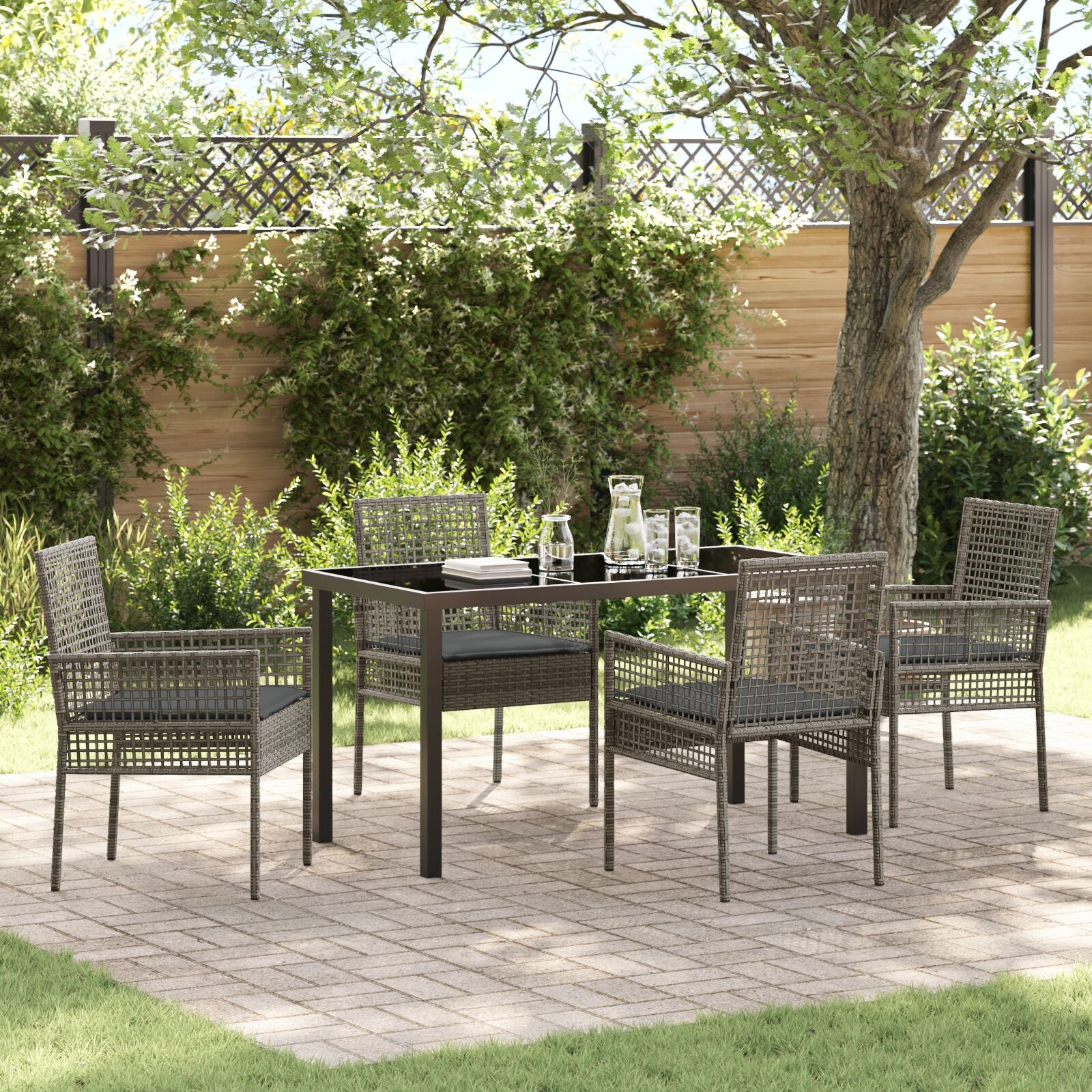 5-Delige Tuin Eet Set Met Kussens Grijs Poly Rattan