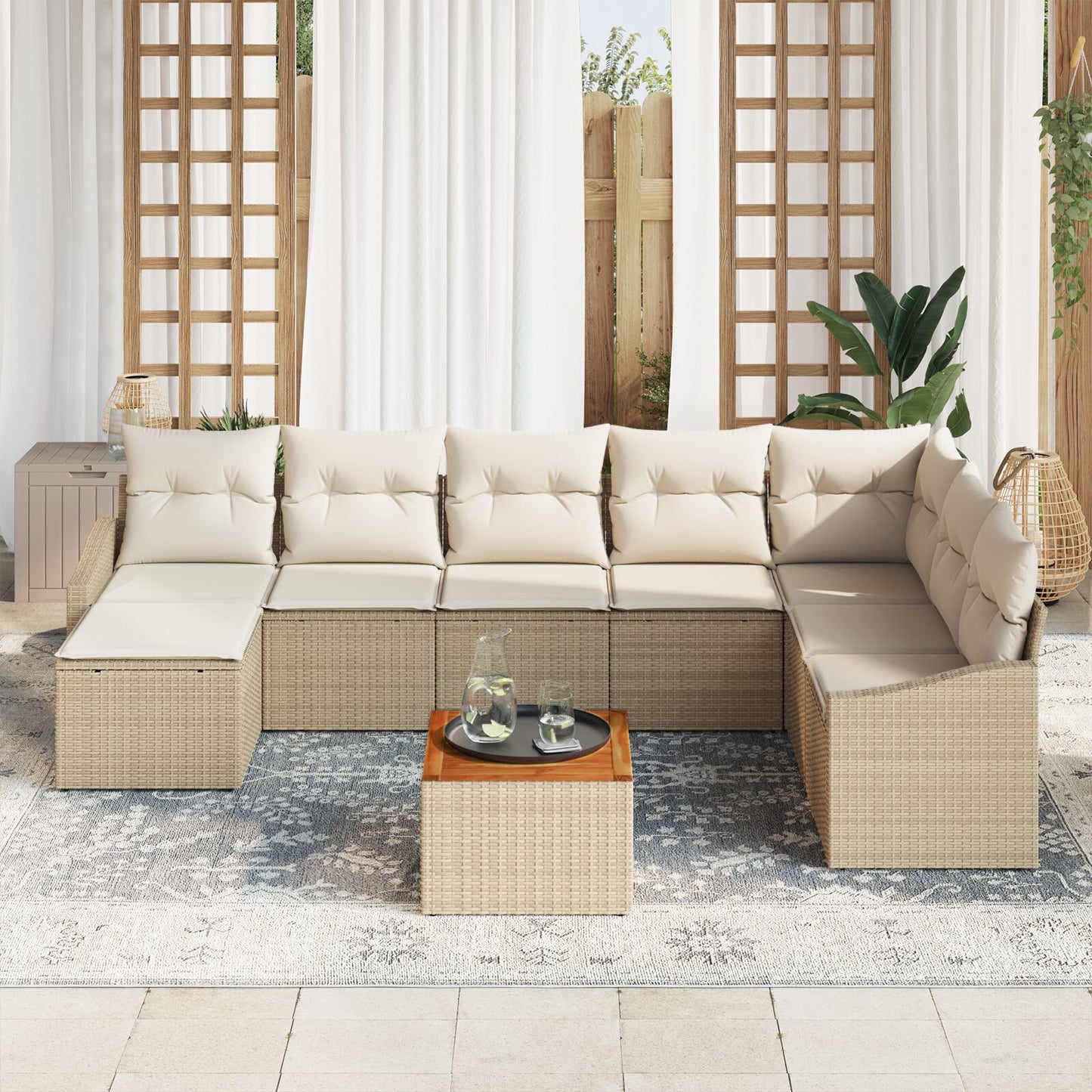 9-Delige Tuin Sofa Set Met Kussens Beige Poly Riet Acacia
