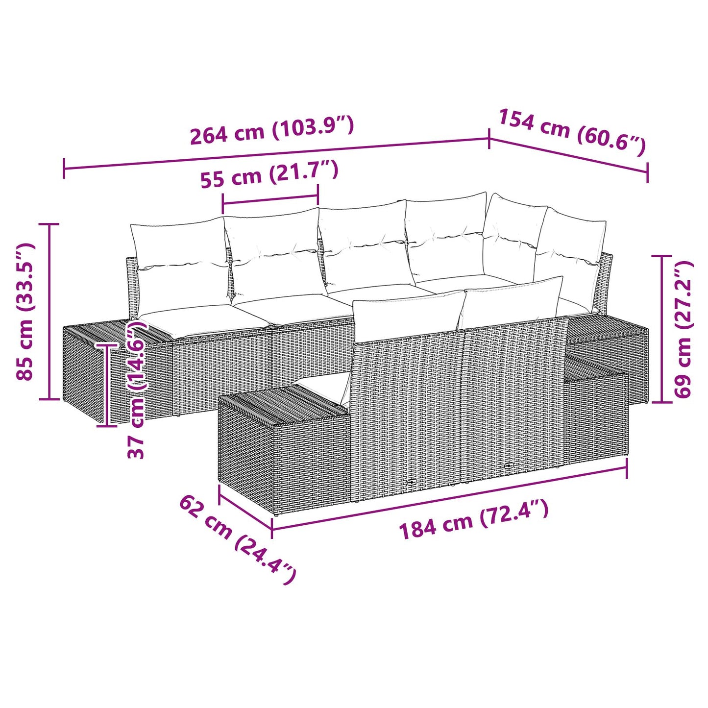 7 Delige Tuin Sofa Set Met Kussens Zwart Poly Rattan