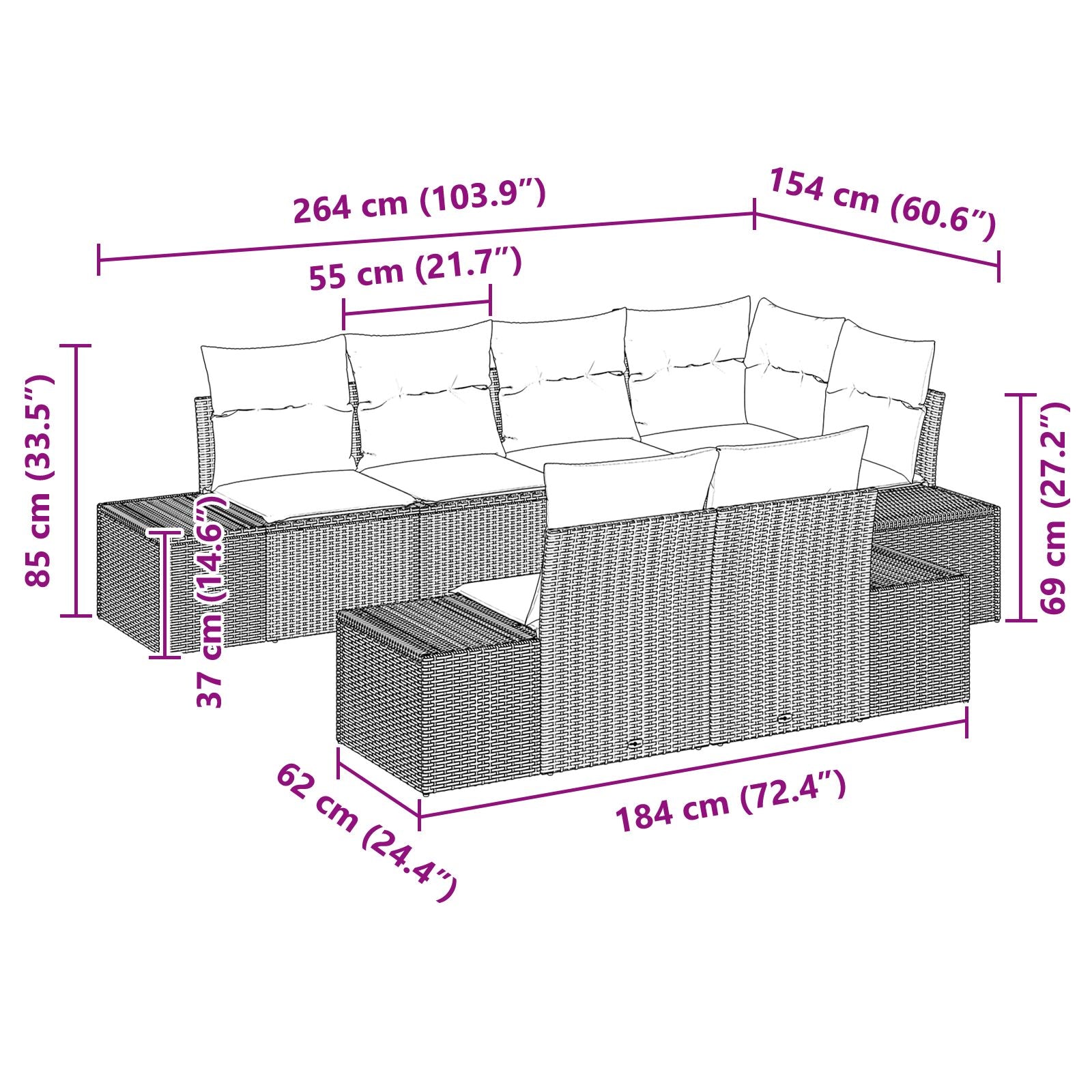 7 Delige Tuin Sofa Set Met Kussens Zwart Poly Rattan