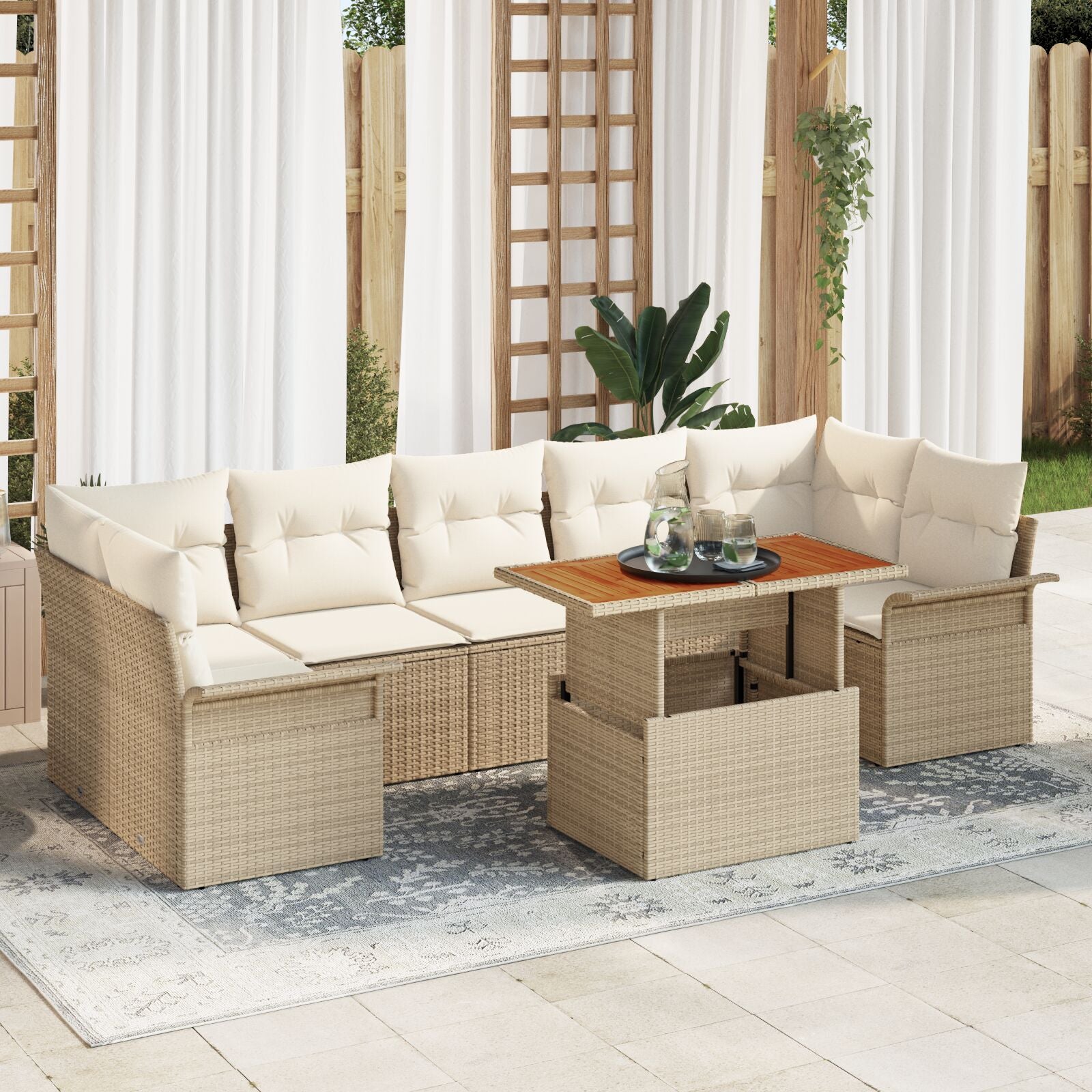 8-Delig Tuinbankstel Met Kussens Beige Poly Rattan Acacia