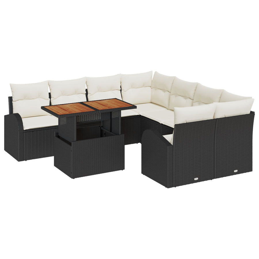 9-Delige Tuin Eetset Met Kussens Zwart Poly Rattan Acacia