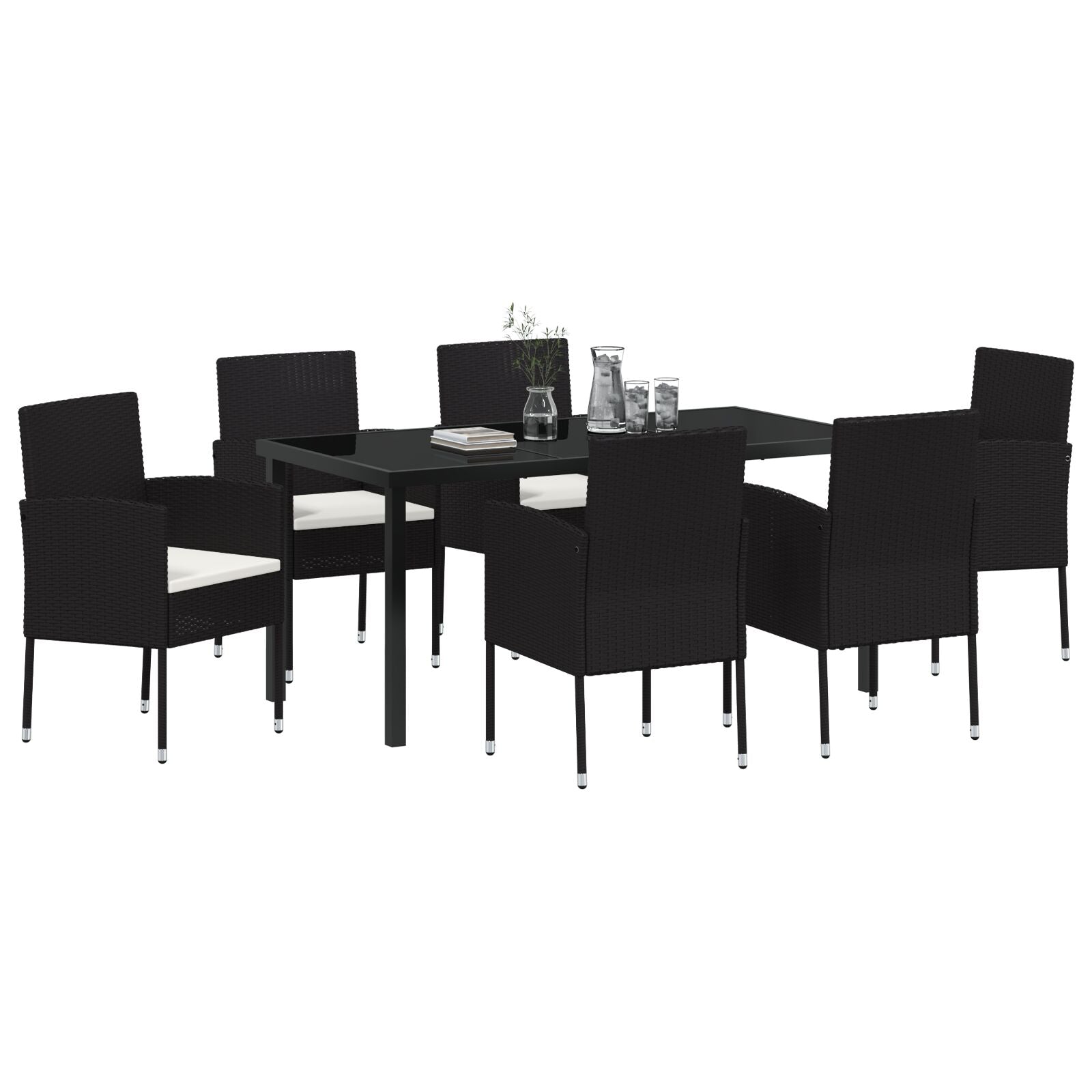 7-Delige Tuin Eettafelset Met Kussens Zwart Poly Rattan
