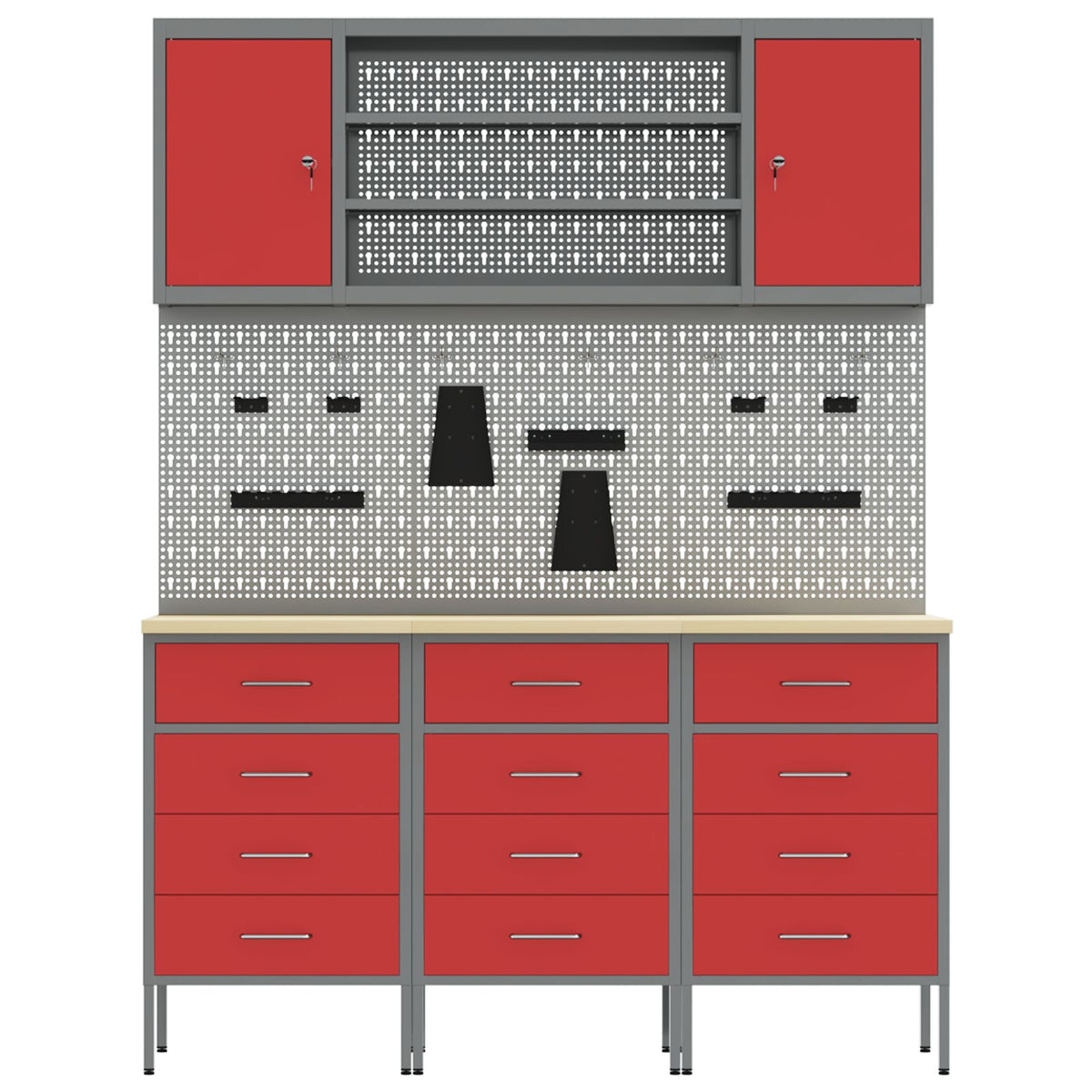 7-Delige Werkbankset Staal 3x (85 cm) Rood 4x kast + 4x pegboard
