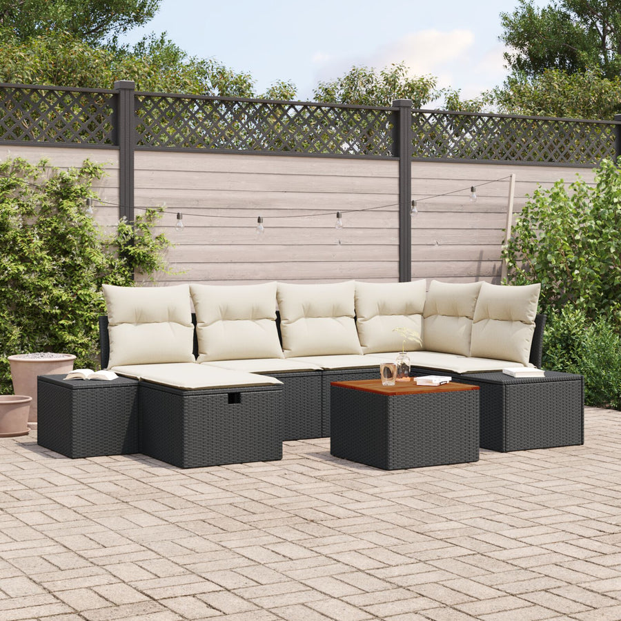 Tuinbankstel Set Van 7 Zwart Rattan Tuinbankstel Rechthoekig Wit