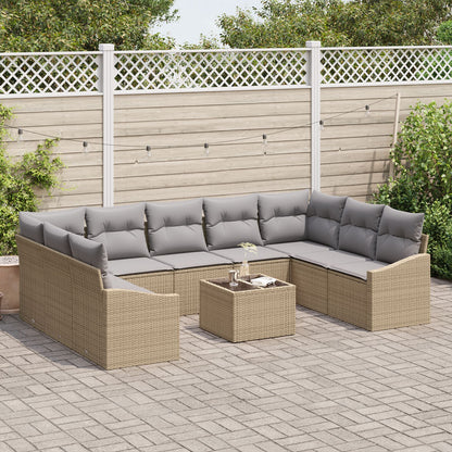 10-Delige Tuin Sofa Set Met Kussens Zwarte Poly Rattan Beige en grijs met tafel