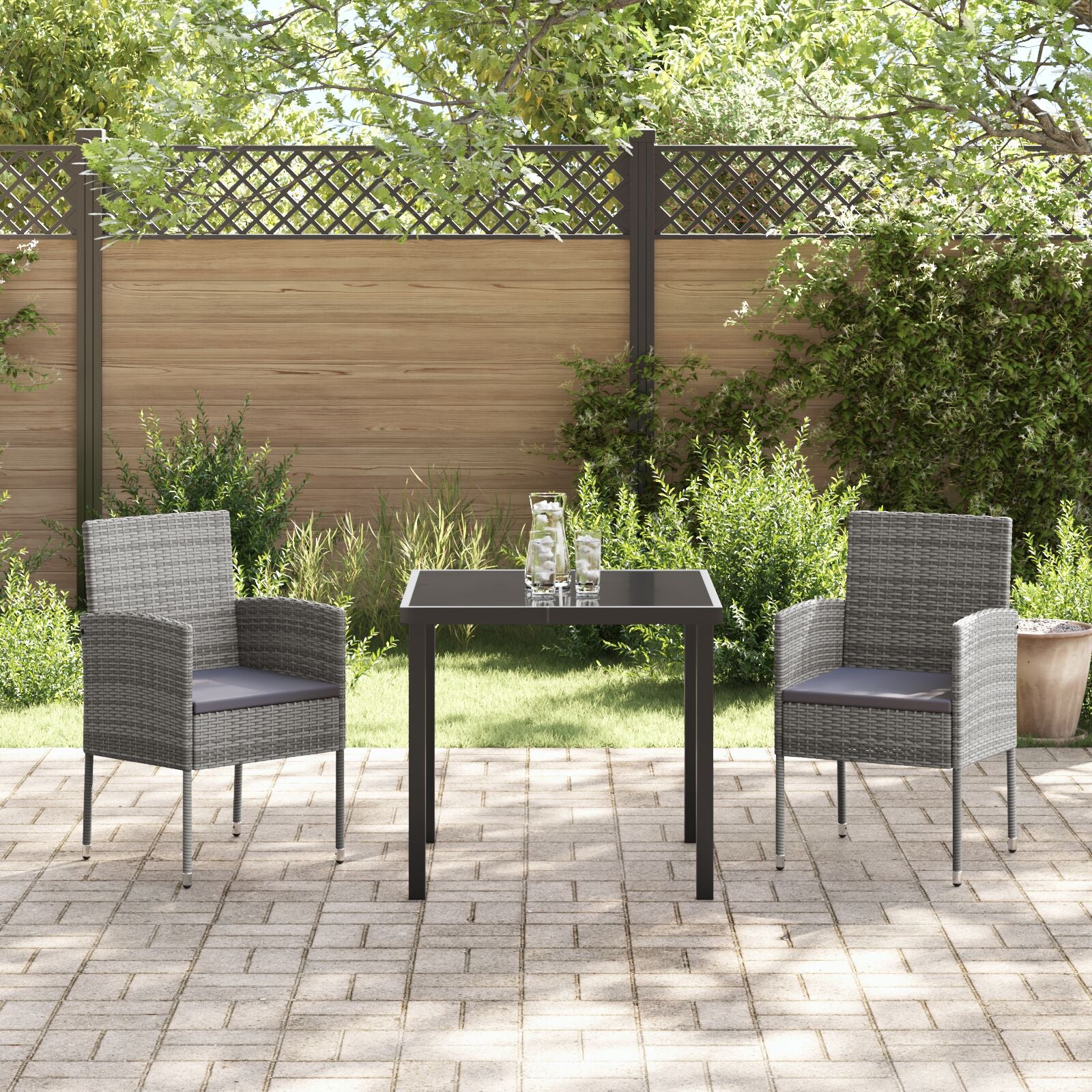 3-Delige Tuin Eetset Met Kussens Grijs Poly Rattan