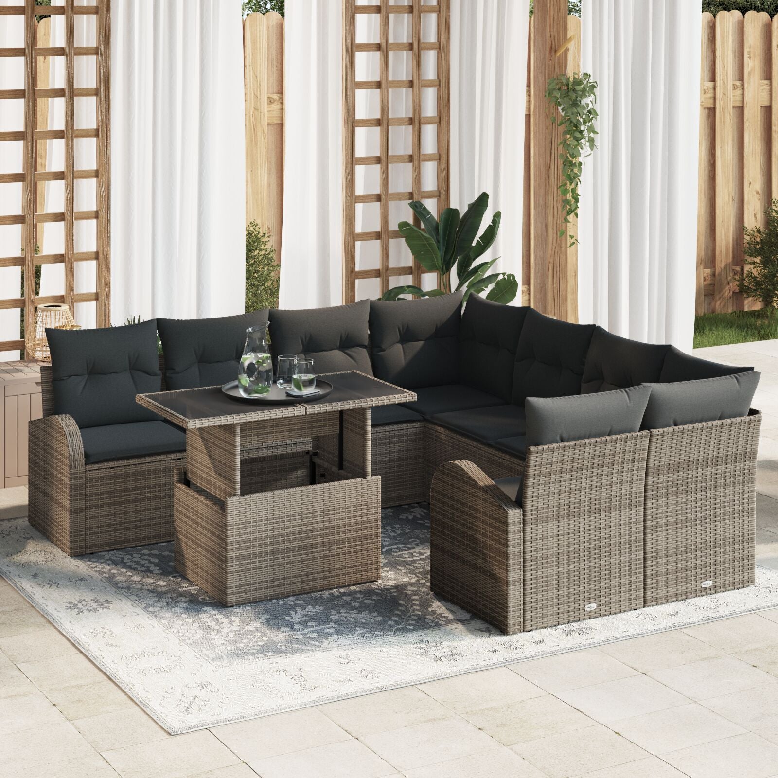 9-Delige Tuin Sofa Set Met Kussens Grijs Poly Rattan