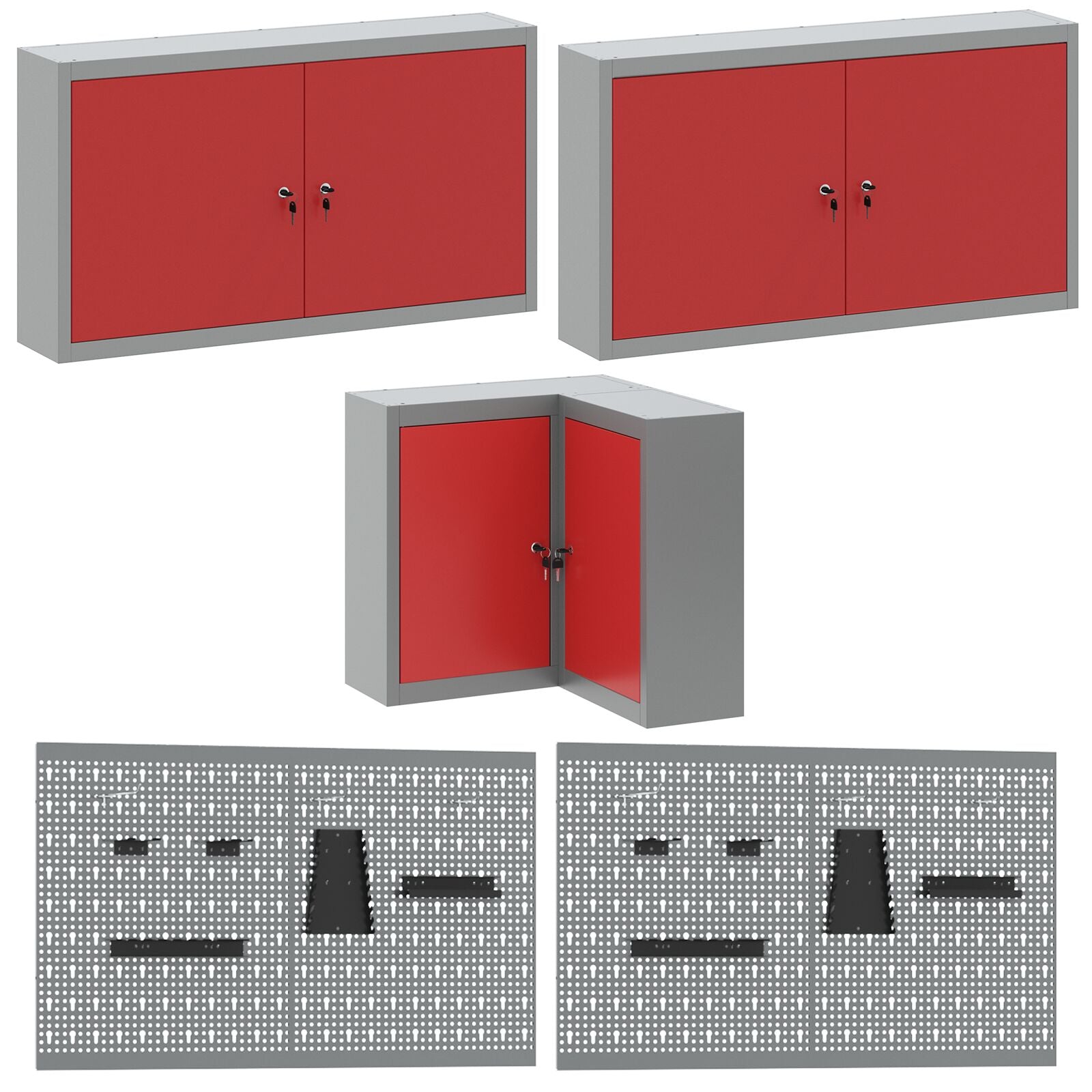 12-Delige Werkcabinet En Pegboard Set In Het Van Mdf En Metaal 4x (2x84/2x85 cm) Rood Tafel + 7x kast + 4x pegboard