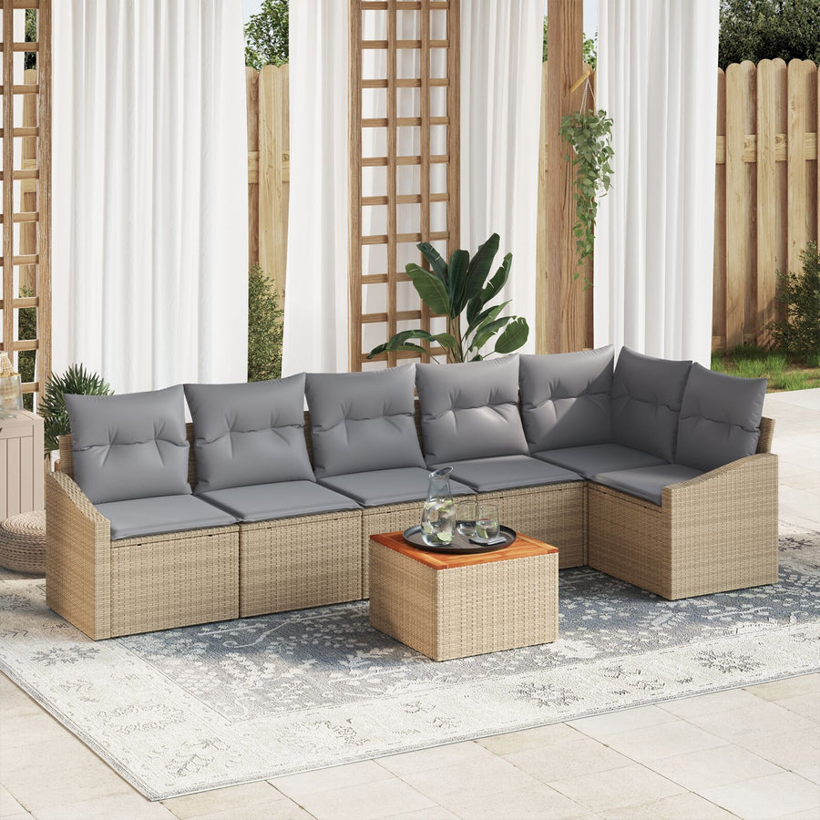 7-Delige Tuin Sofa Set Met Kussens Beige Poly Rattan Acacia