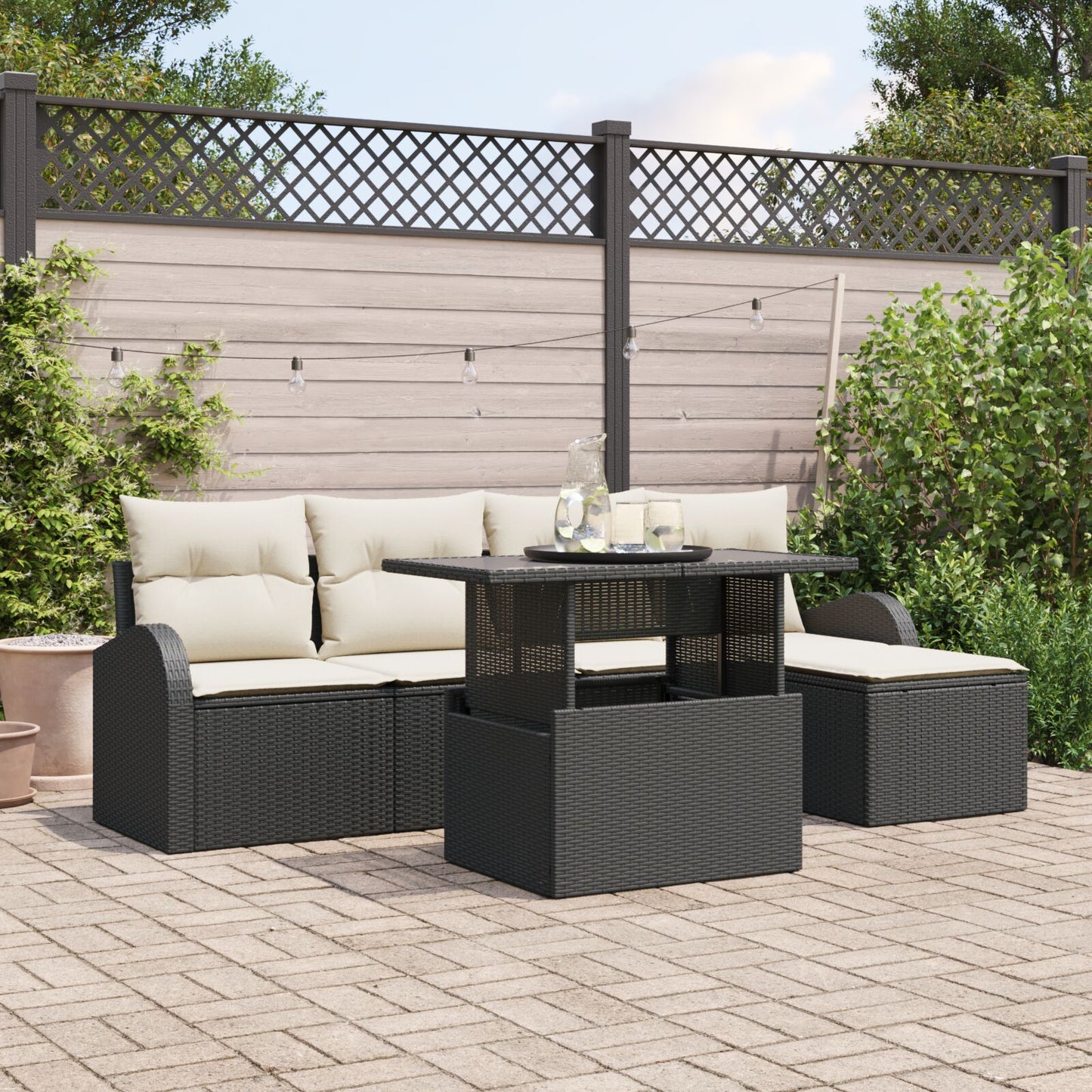 6-Delige Tuin Sofa Set Met Kussens Zwart Poly Rattan