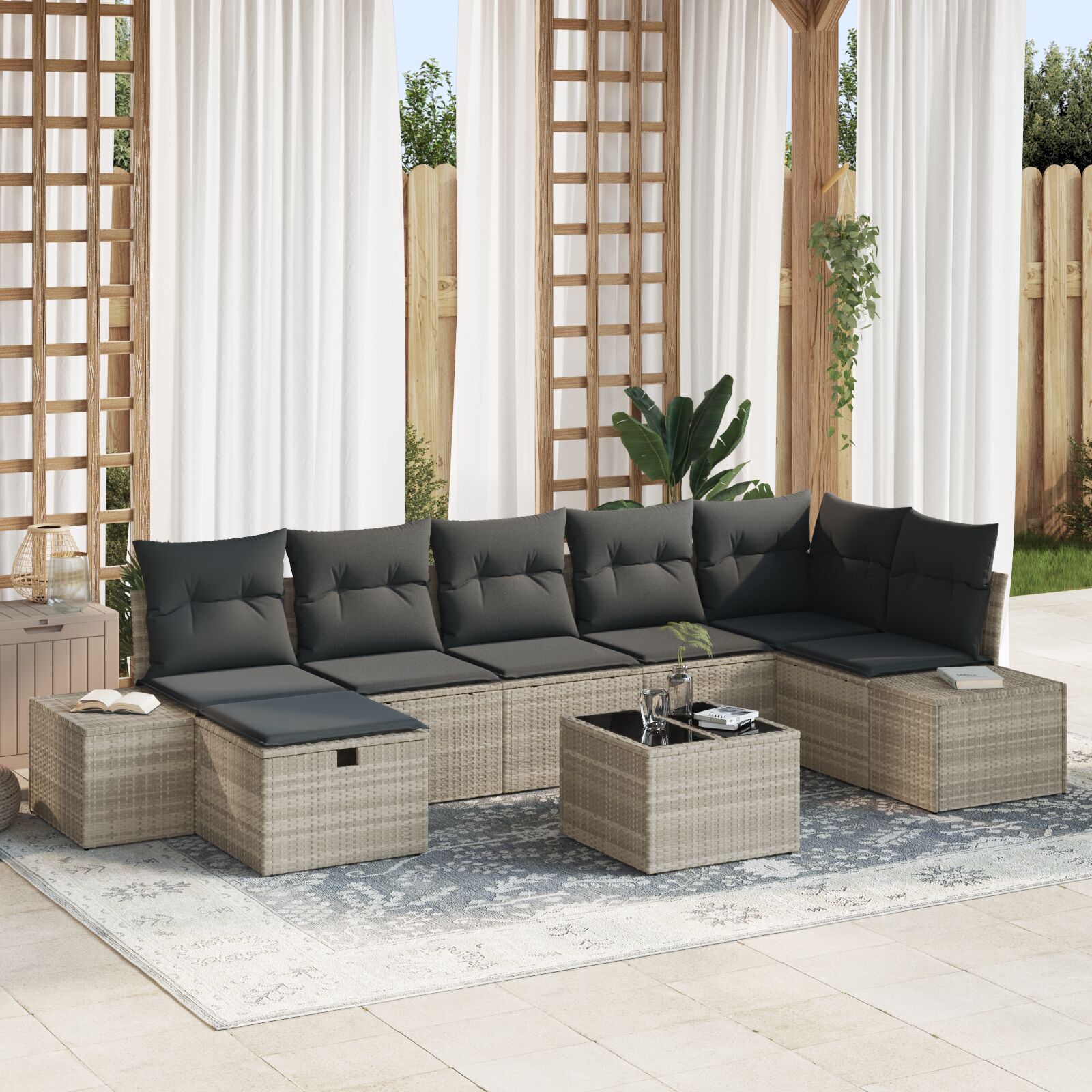 8 Delige Tuin Sofa Set Met Kussens Licht Grijs Poly Riet Wit