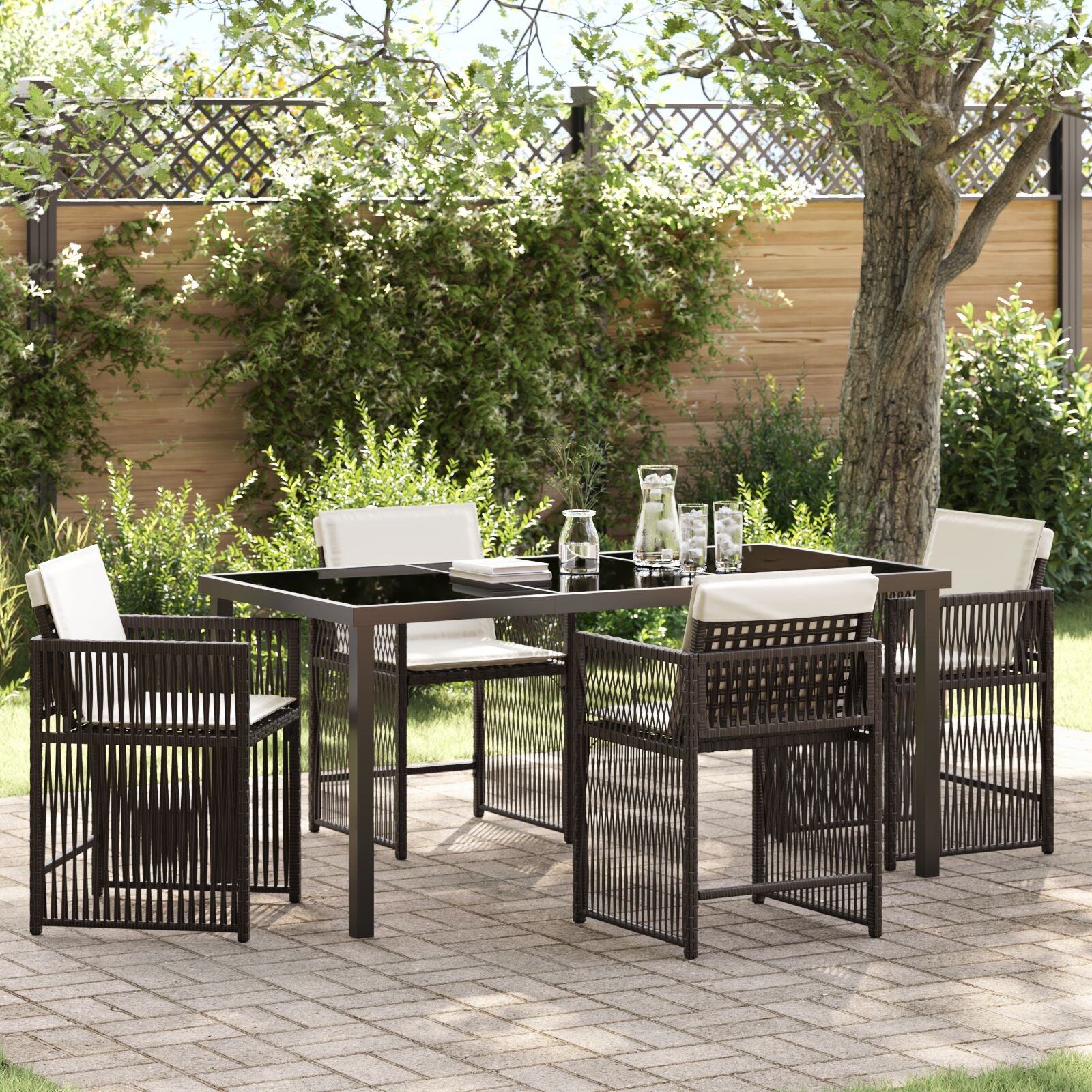 5-Delige Tuin Eettafel Set Met Kussens Bruin Poly Rattan