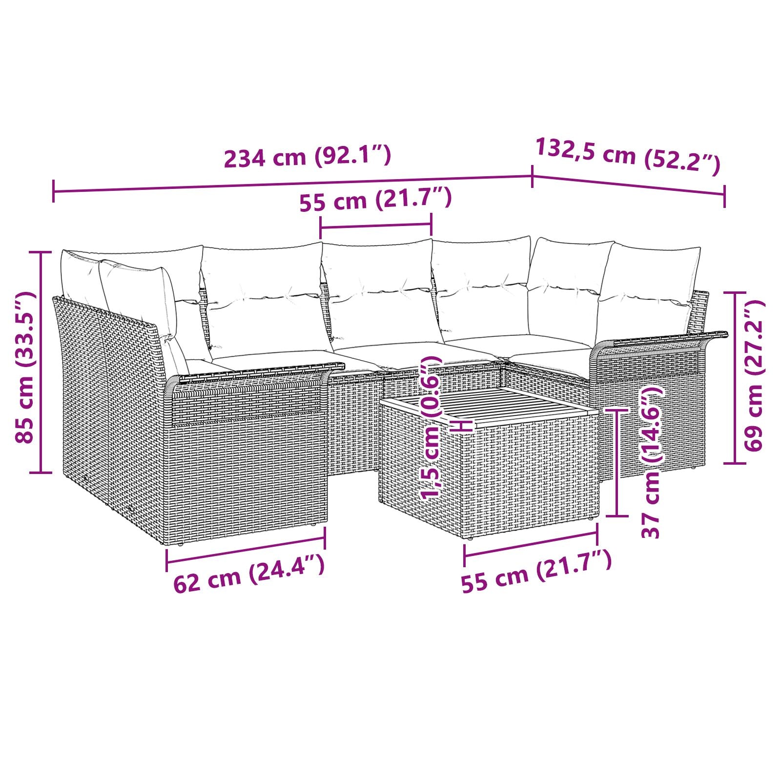 7-Delige Tuinsofa Set Met Kussens Zwart Poly Rattan Acacia