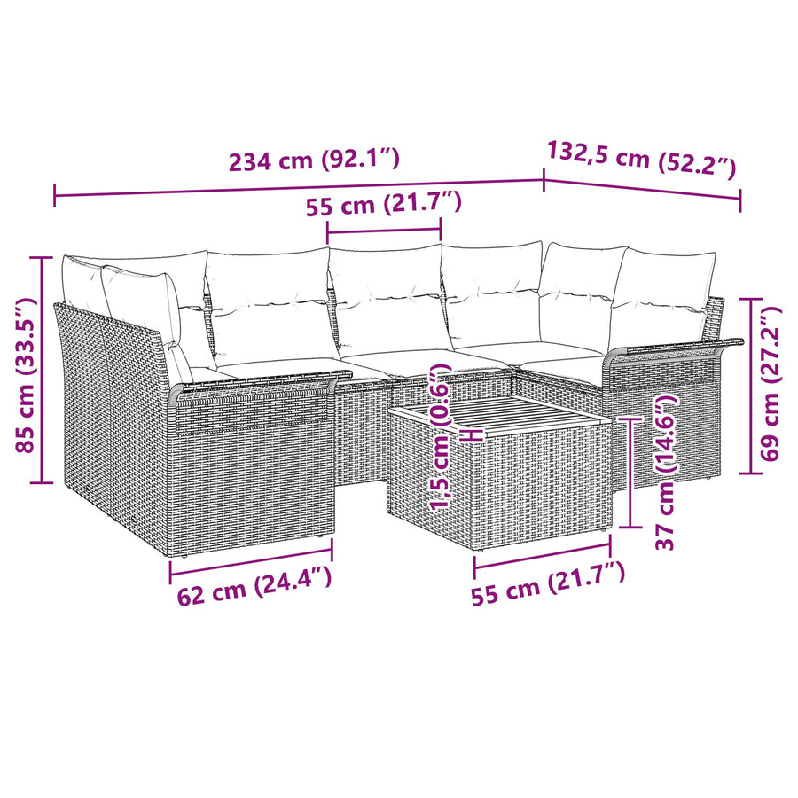 7-Delige Tuinsofa Set Met Kussens Zwart Poly Rattan Acacia