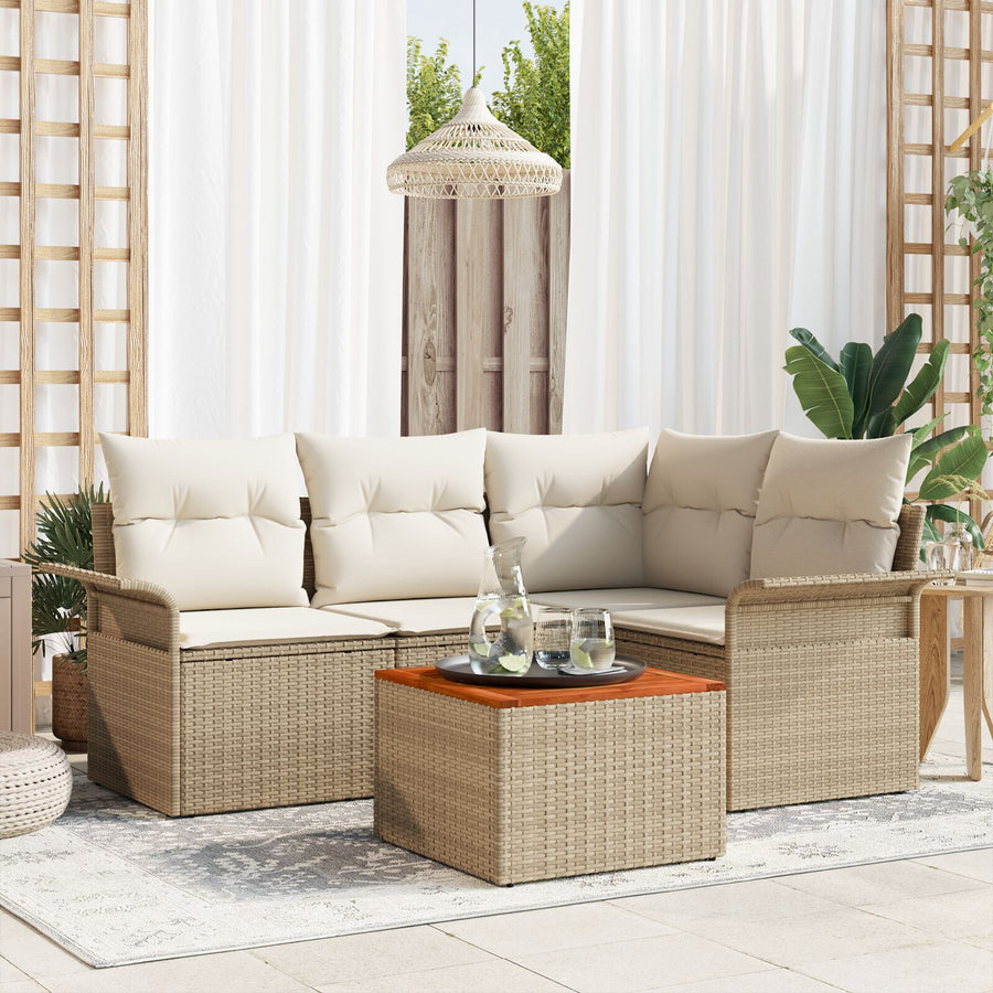 5-Delige Tuin Sofa Set Met Kussens Beige Poly Rattan Acacia