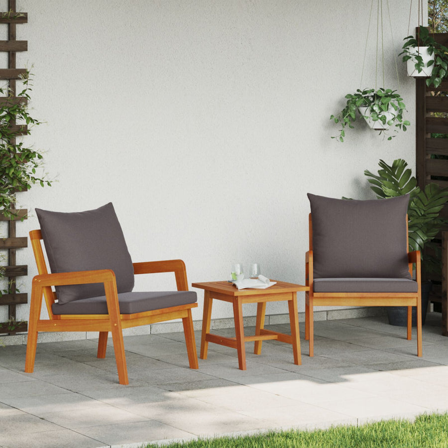 3-Delig Bistro Set Met Kussens Massief Acaciahout Donkergrijs 2x stoelen + tafel