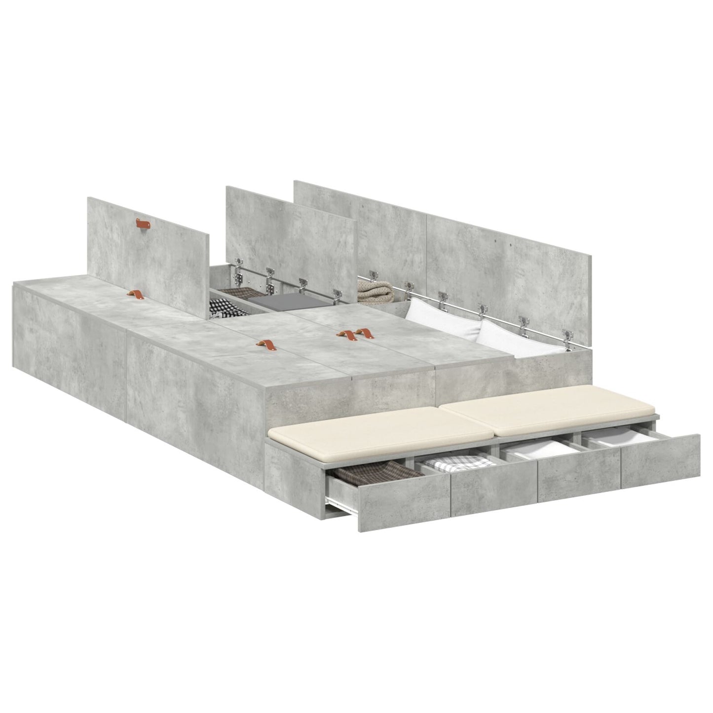 Opbergbedframe Beton Grijs Bewerkt Hout 120 X 190 Cm Artisanaal Eiken