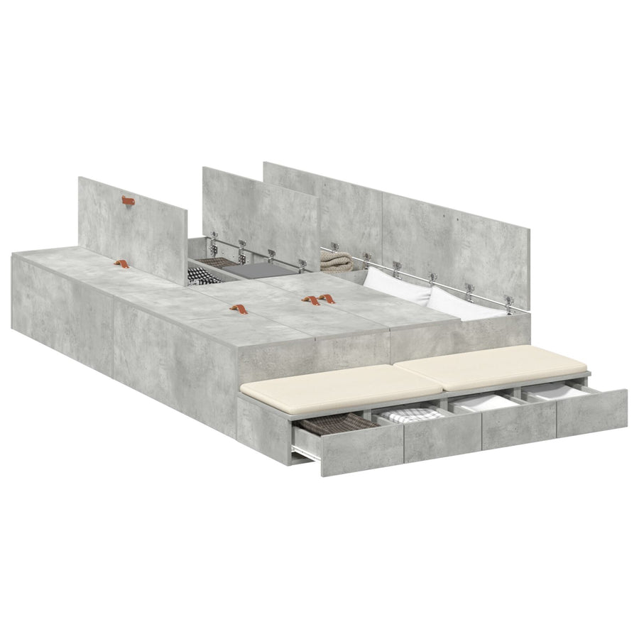 Opbergbedframe Beton Grijs Bewerkt Hout 120 X 190 Cm Artisanaal Eiken