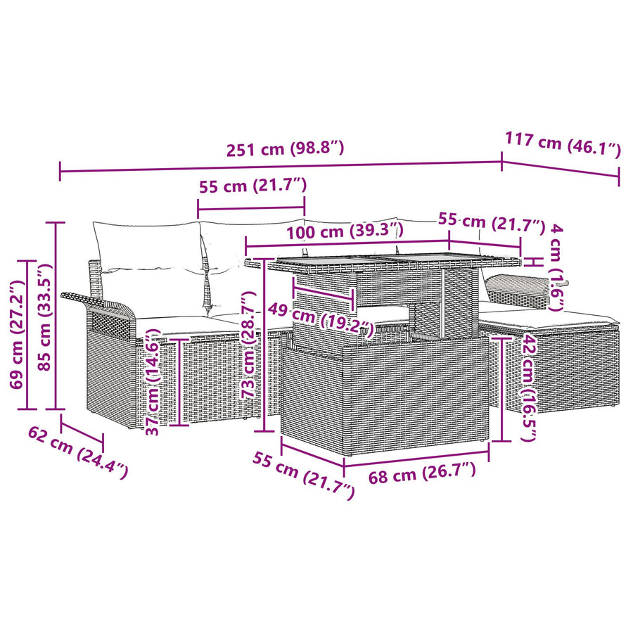 6-Delige Tuin Eetset Met Kussens Beige Poly Rattan Acacia