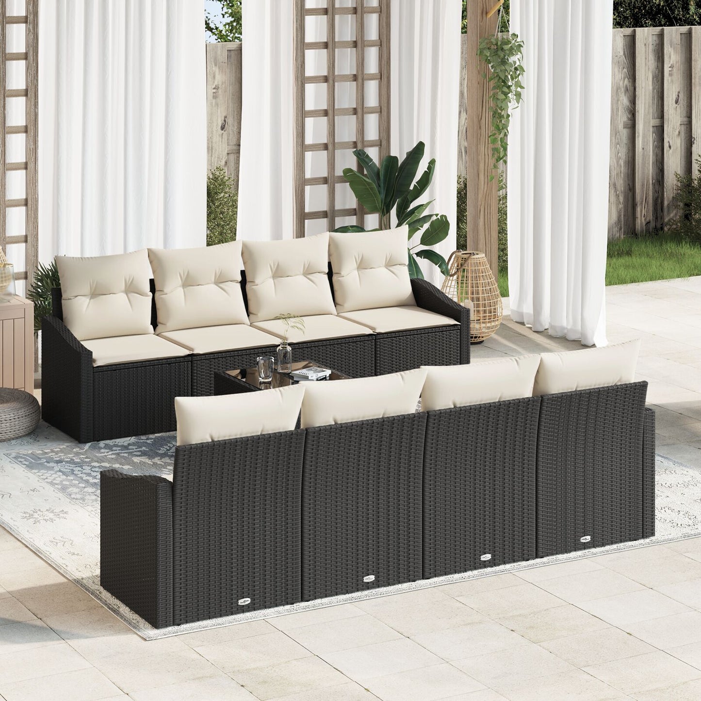 7-Delige Tuin Sofa Set Met Kussens Zwart Poly Rattan Gegalvaniseerd Staal