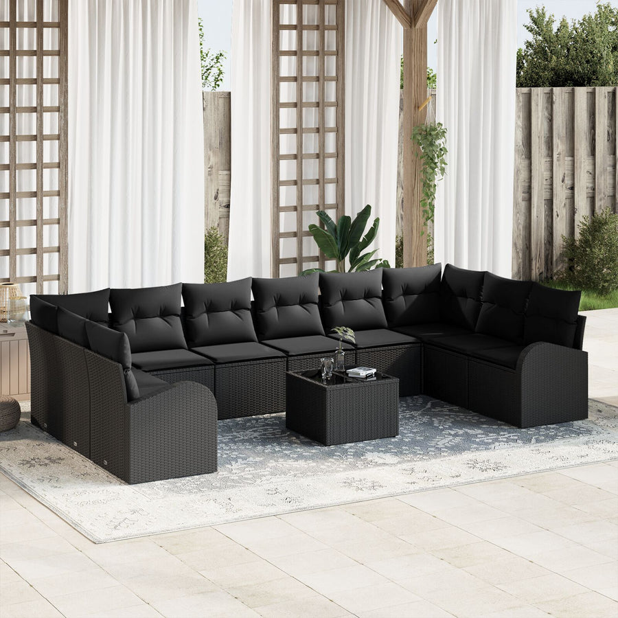11-Delige Tuinsofa Set Met Kussens Zwart Poly Rattan