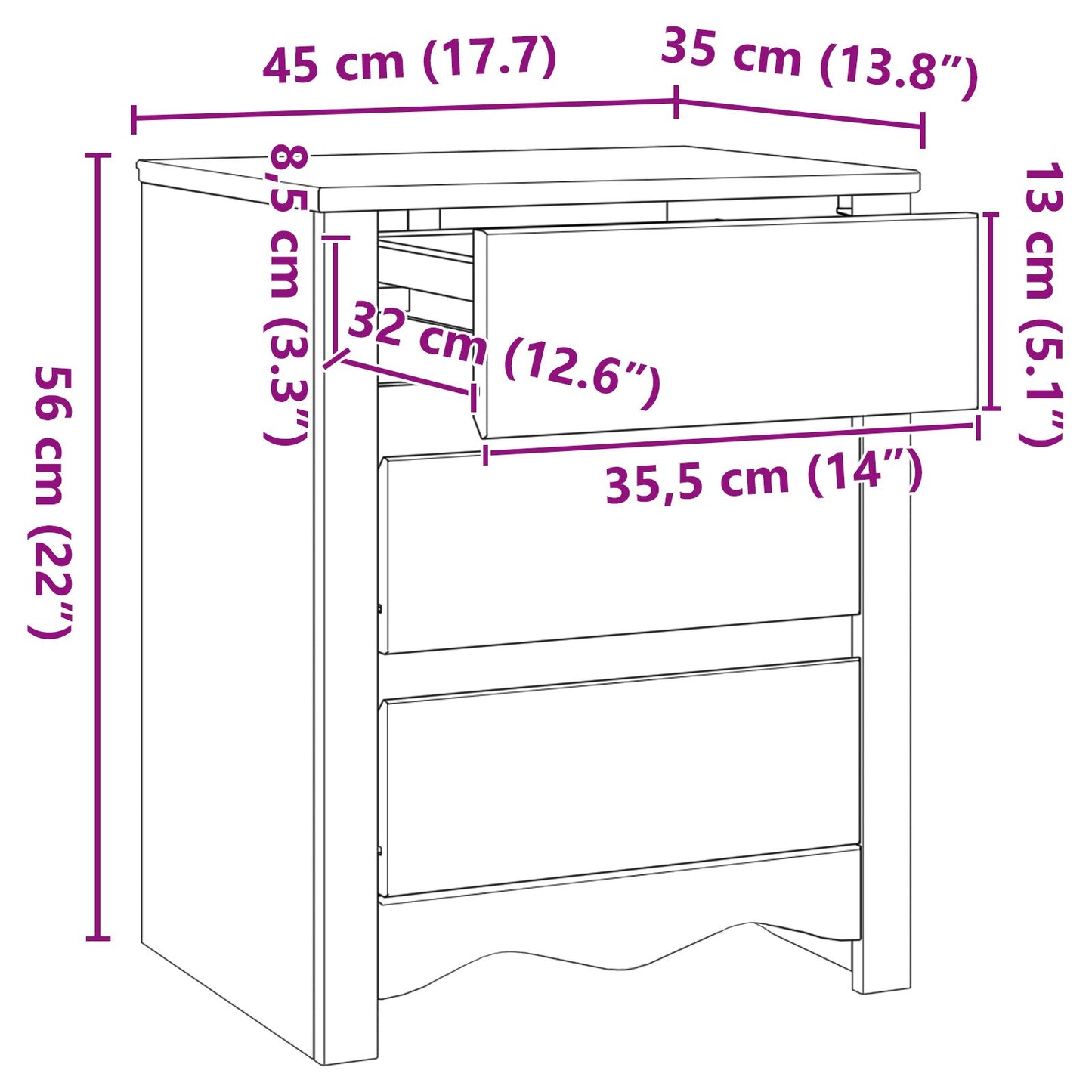 Nachtkastje ""Drammen"" 45X35X56 Cm Massief Hout Vuren Wit