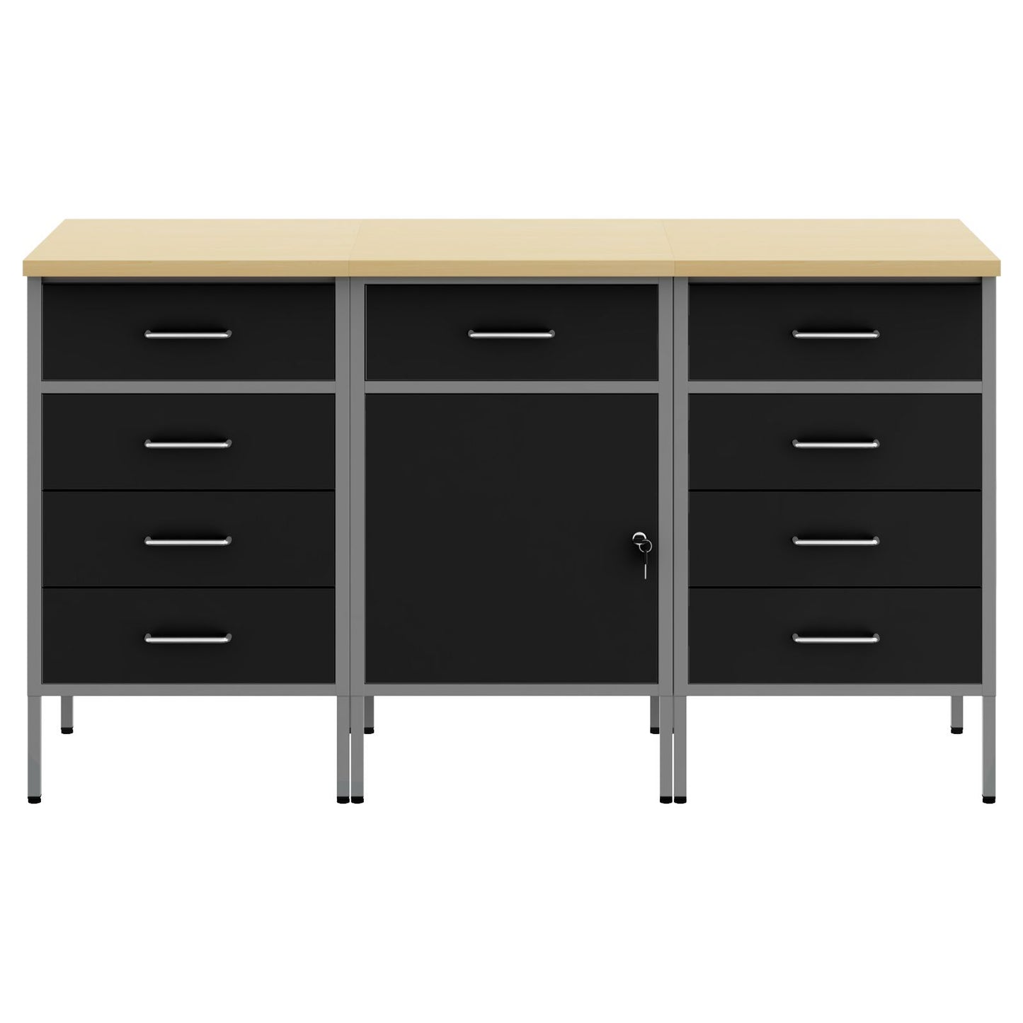 3-Delige Werkcabinet Set Zwart En Grijs Gelaagd Hout En Staal