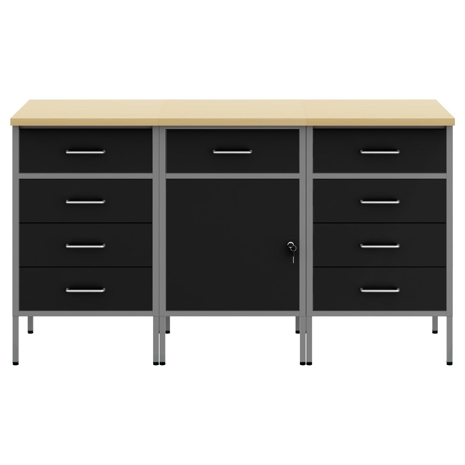 3-Delige Werkcabinet Set Zwart En Grijs Gelaagd Hout En Staal
