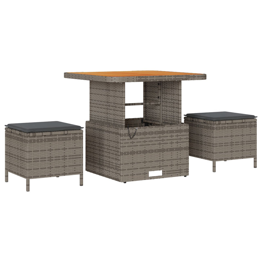 3-Delige Tuin Eetset Met Kussens Poly Rattan Acacia 80 cm Grijs 2 krukken