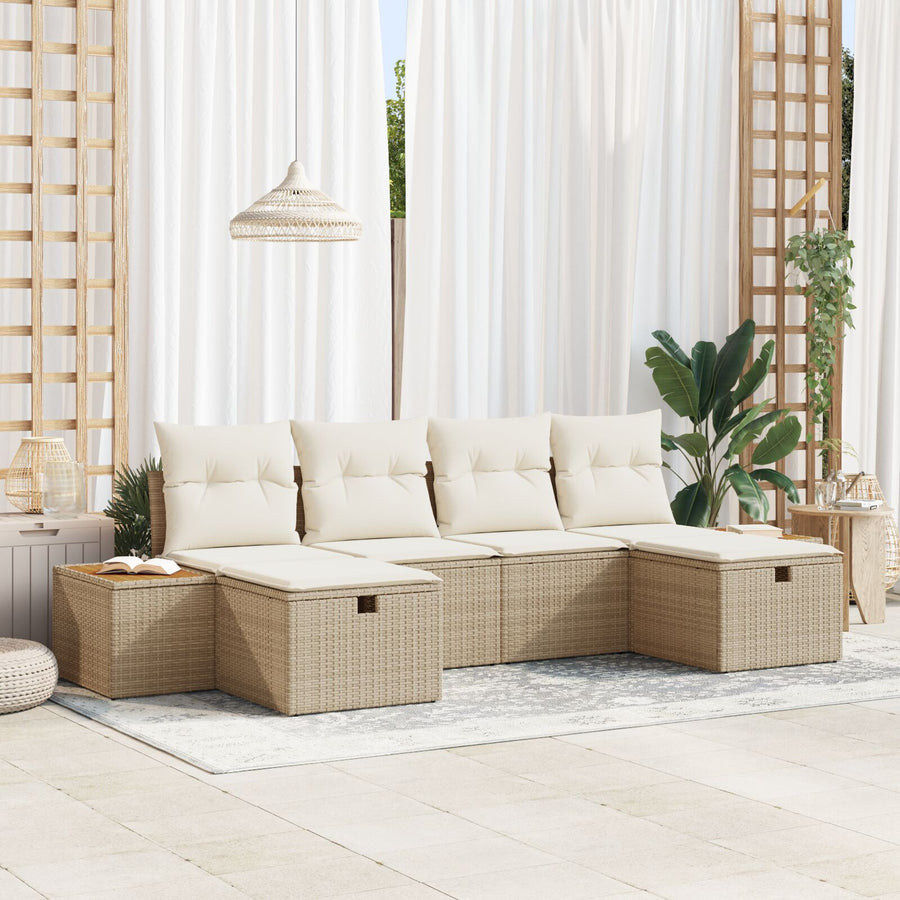 6-Delig Tuinbankstel Met Kussens Beige Poly Rattan