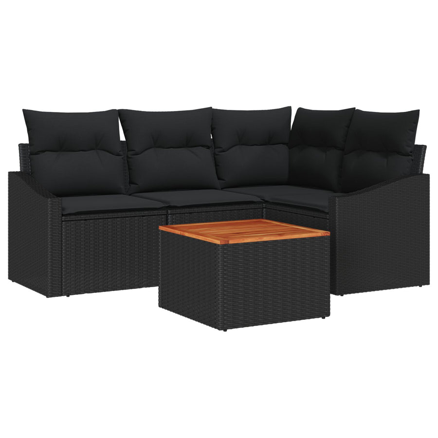 5-Delige Tuinbank Set Met Kussens Zwart Poly Rattan Acacia
