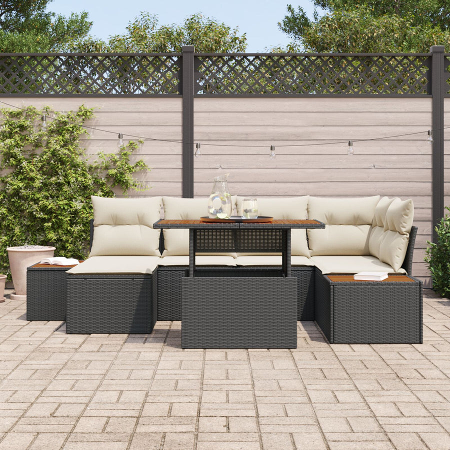 Tuinbank Set Set Van 7 Beige, Zwart Polyester, Pe Rattan, Staal