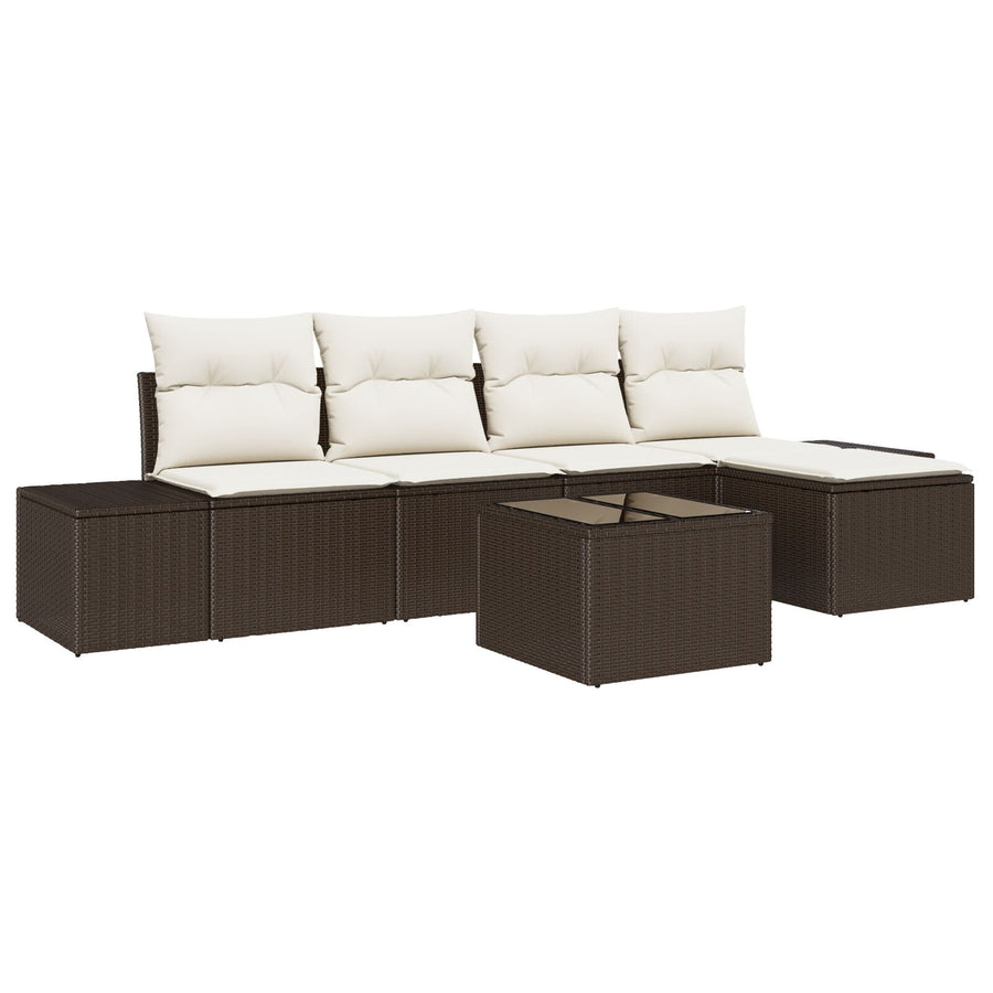 5-Delige Tuinbankset Met Kussens Grijs Poly Rattan Bruin en wit met tafel