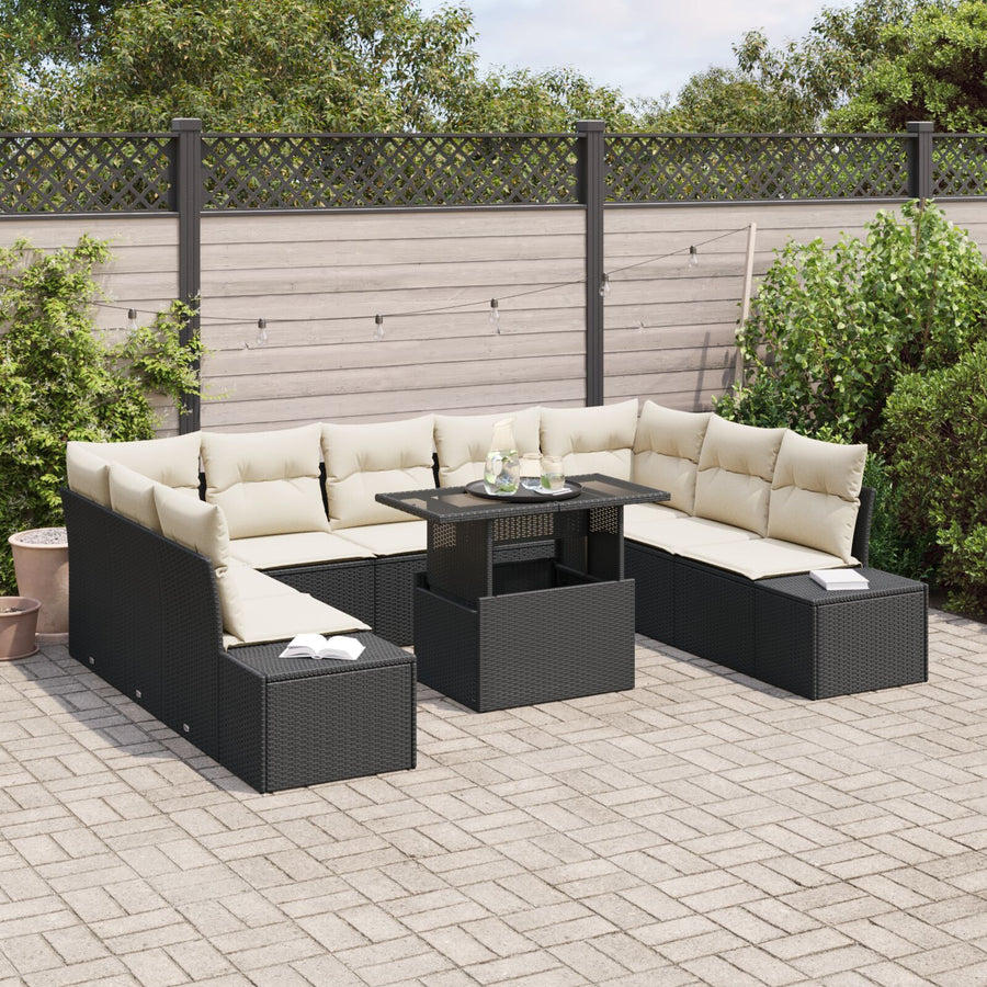 Tuinsofa Set Set Van 10 Zwart En Crème Rattan, Stof, Schuim