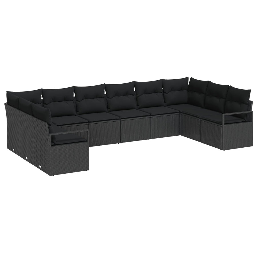 10-Delige Tuinset Met Kussens Zwart Poly Rattan,  2-Zits Tuinbank Met Kussens Zwart Poly Rattan