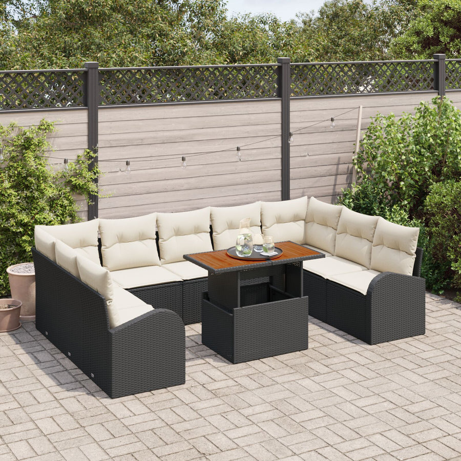 10-Delige Tuin Eetset Met Kussens Zwart Poly Rattan Acaciahout