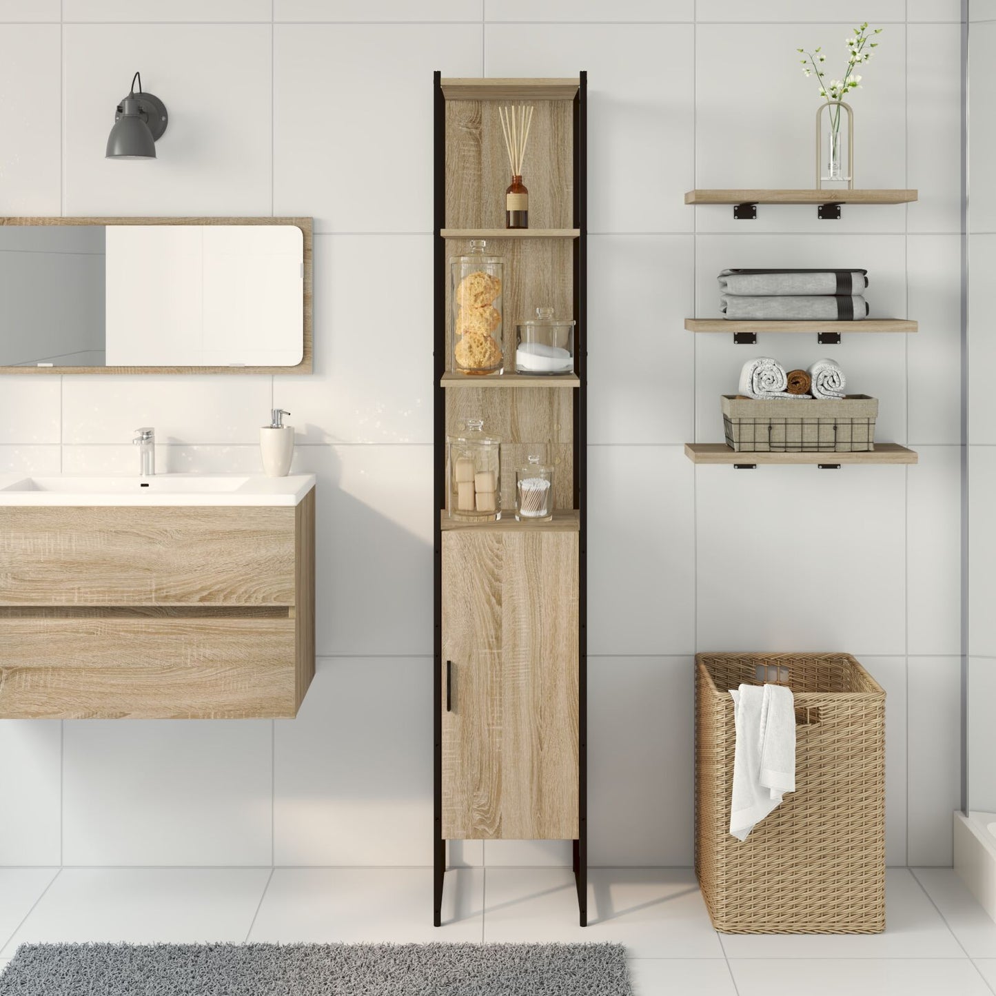 Badkamerkast Sonoma Eik 33X33X185,5 Cm Hout Zwart Eiken