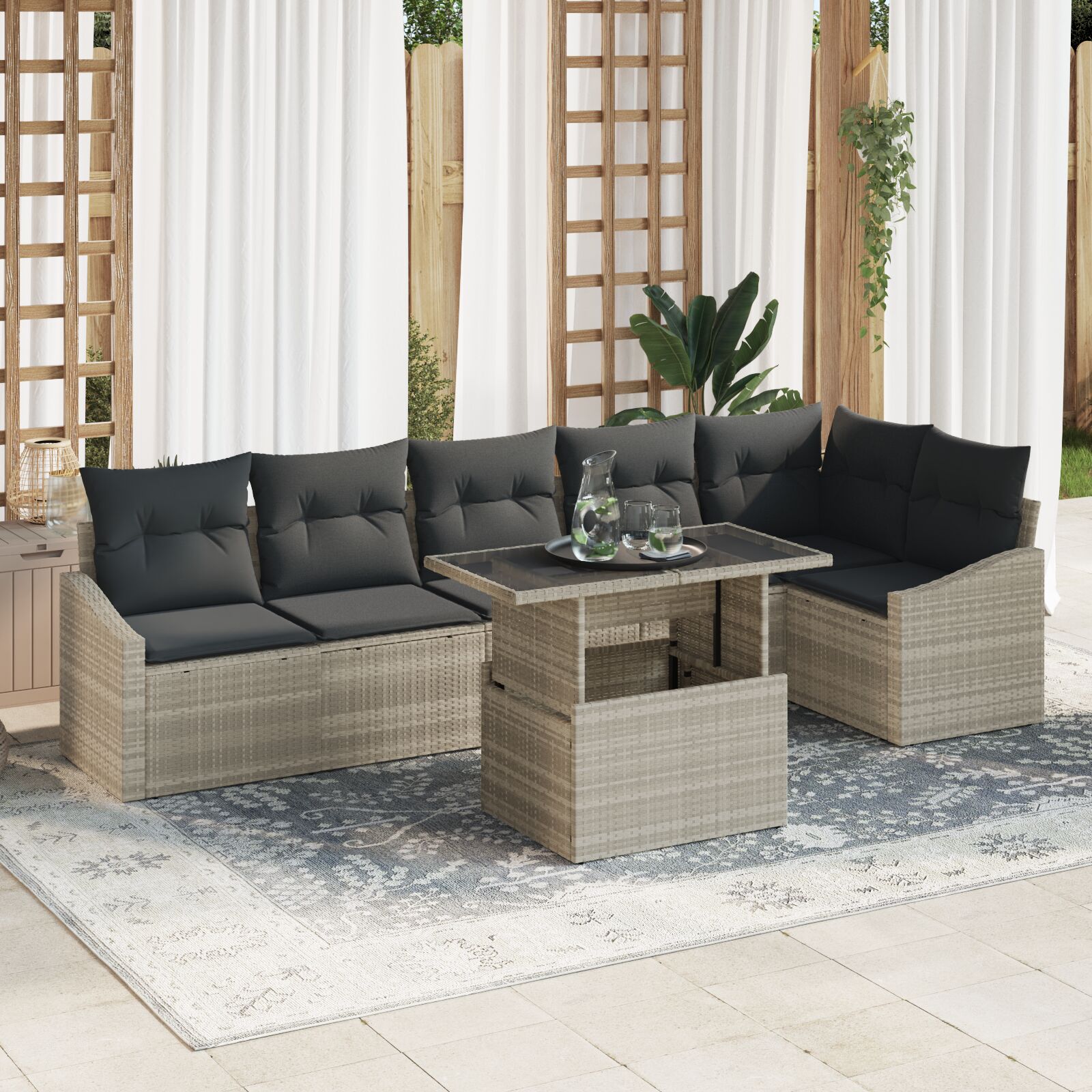 7-Delige Tuin Sofa Set Met Kussens Lichtgrijze Poly Rattan