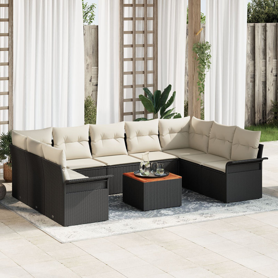 10-Delige Tuin Sofa Set Met Kussens Zwart Poly Rattan Acacia