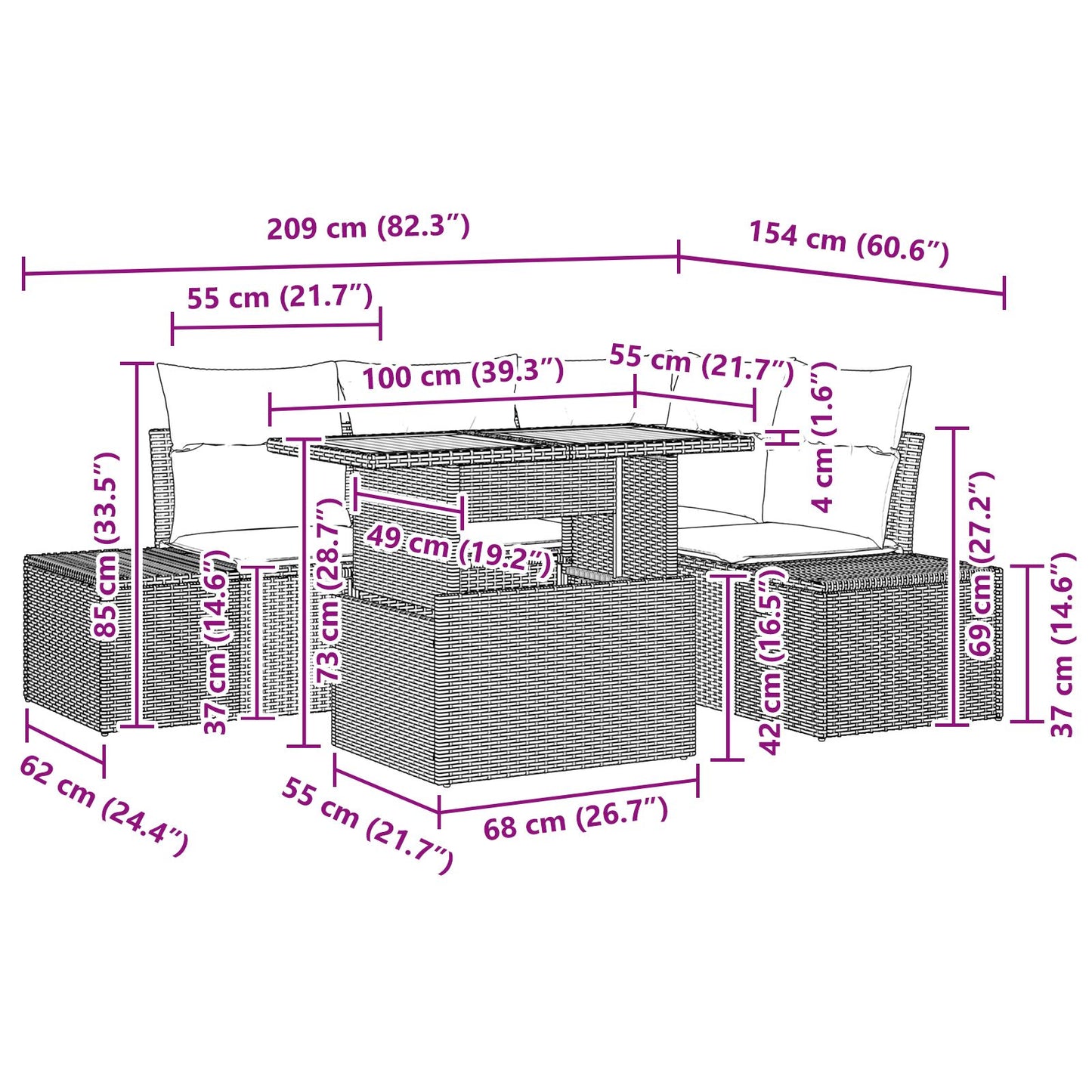 5-Delige Tuin Eetset Met Kussens Zwart Poly Rattan Acacia