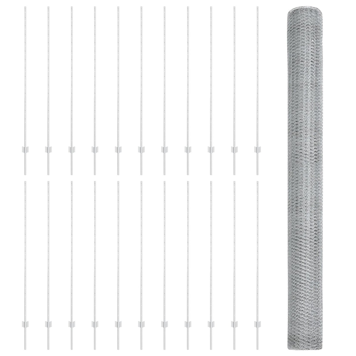 Hekpalen 22 Stuks U-Channel 150 Cm Gegalvaniseerd Staal,  Hexagonaal Hek 1,5X50 M Gegalvaniseerd Staal