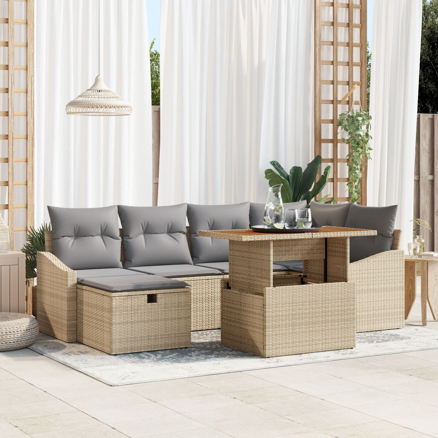 7-Delige Tuinbankset Met Kussens Beige Poly Riet Wit