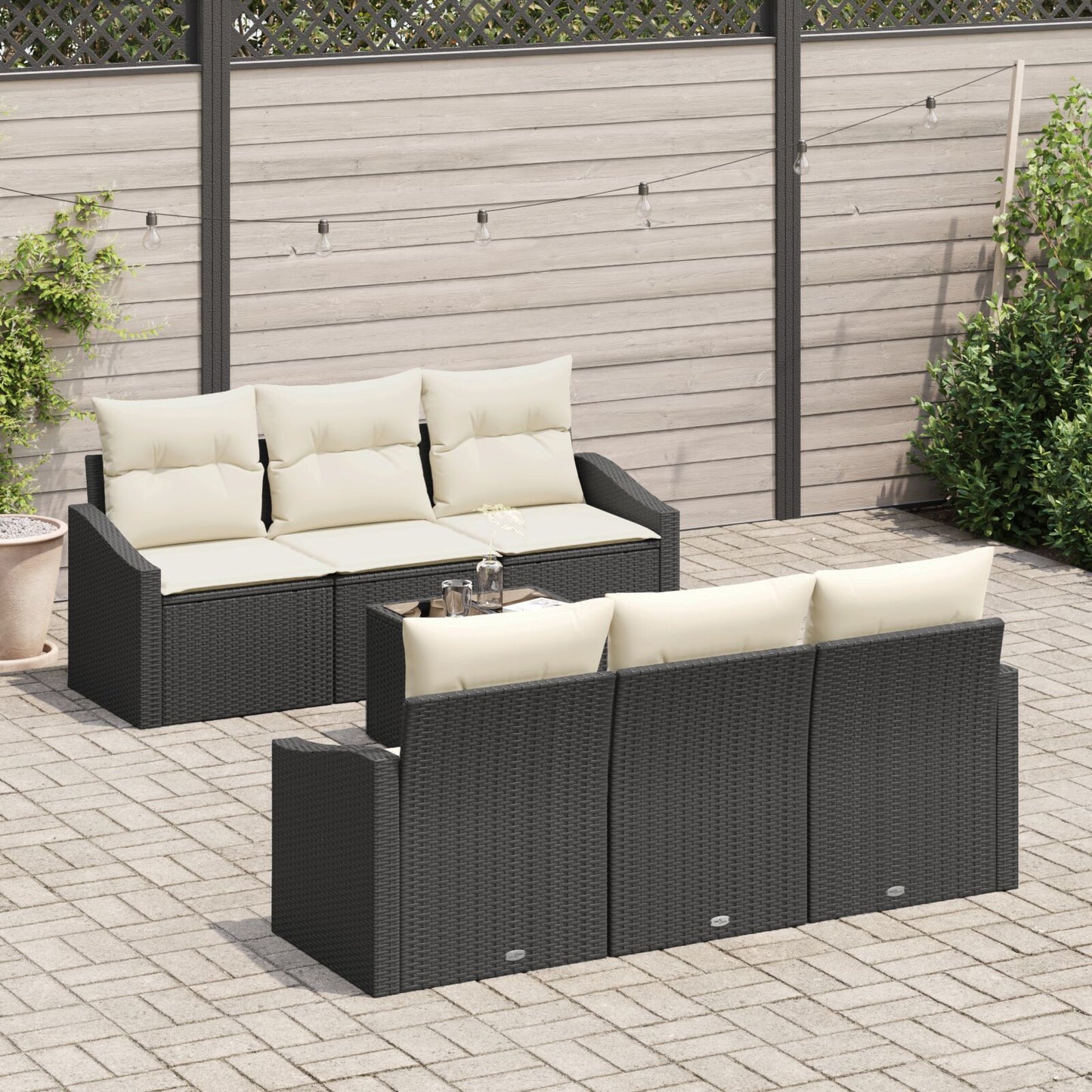 7-Delige Tuin Sofa Set Met Kussens Zwart Poly Rattan